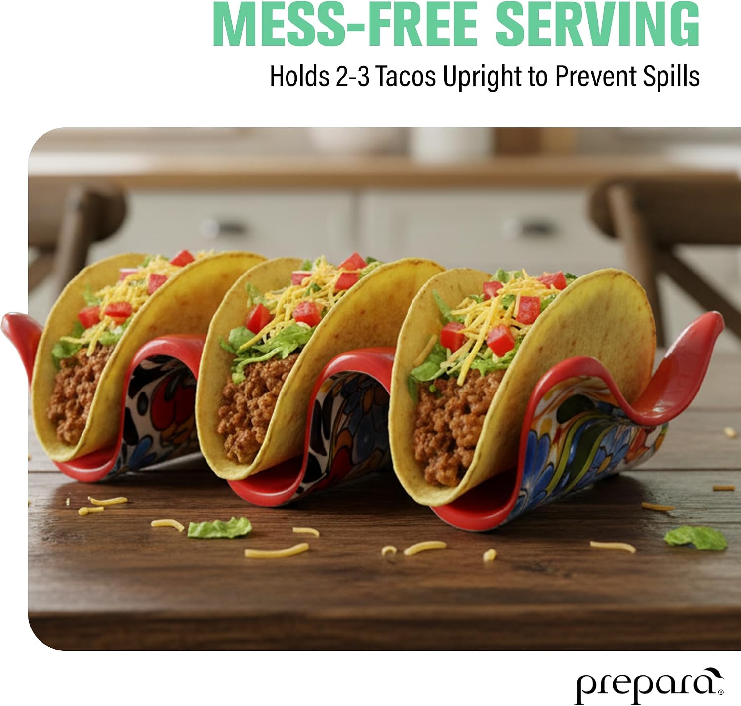Prepara Taco Holder, 3-Pack - Taco Rack for Upright Serving, Durable Melamine Food Stand, Mess-Free Table Organizer, Fun Dinner Accessory for Parties & Everyday Meals (Red)