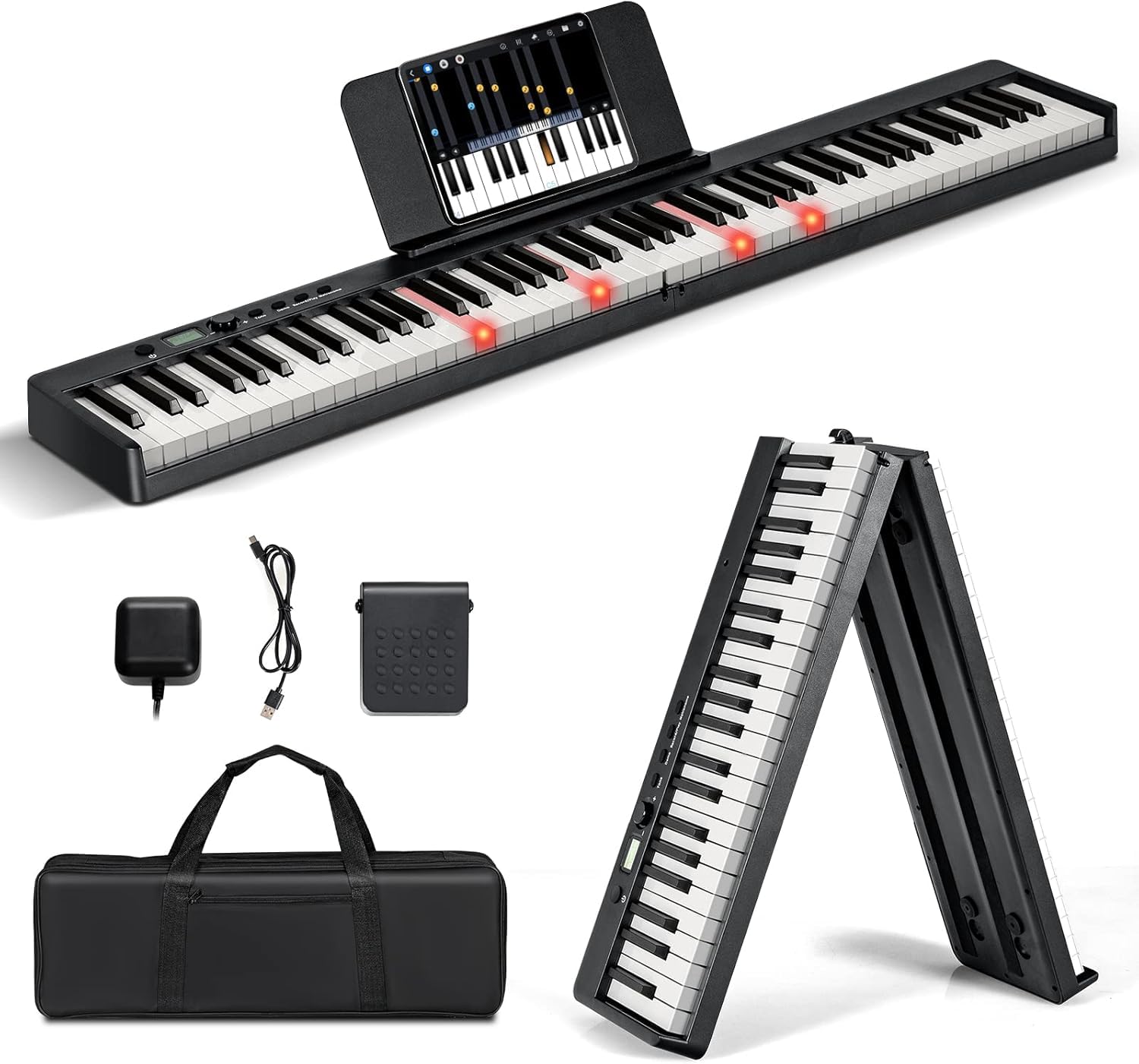 FANTASK 88 tastiere pieghevoli pianoforte elettronico tastiera digitale portatile (128 ritmi, 128 toni e 20 demo) set pianoforte digitale per bambini e adulti (nero)