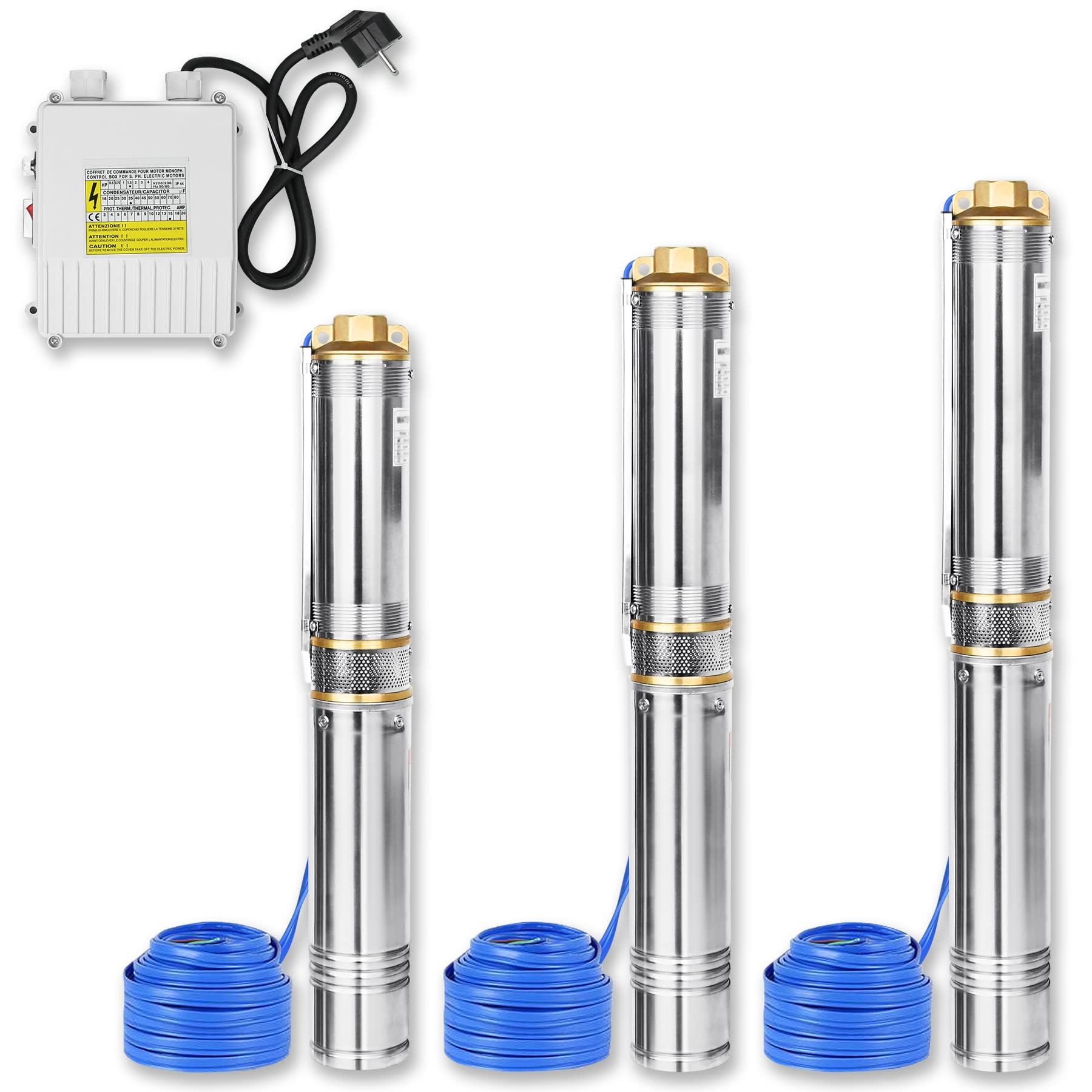 Froadp Bomba sumergible de acero inoxidable de 92 mm de diámetro, bomba de pozo, caudal de hasta 4000 l/h, compatible con arena, altura de extracción de hasta 81 m, con cable de conexión y caja de