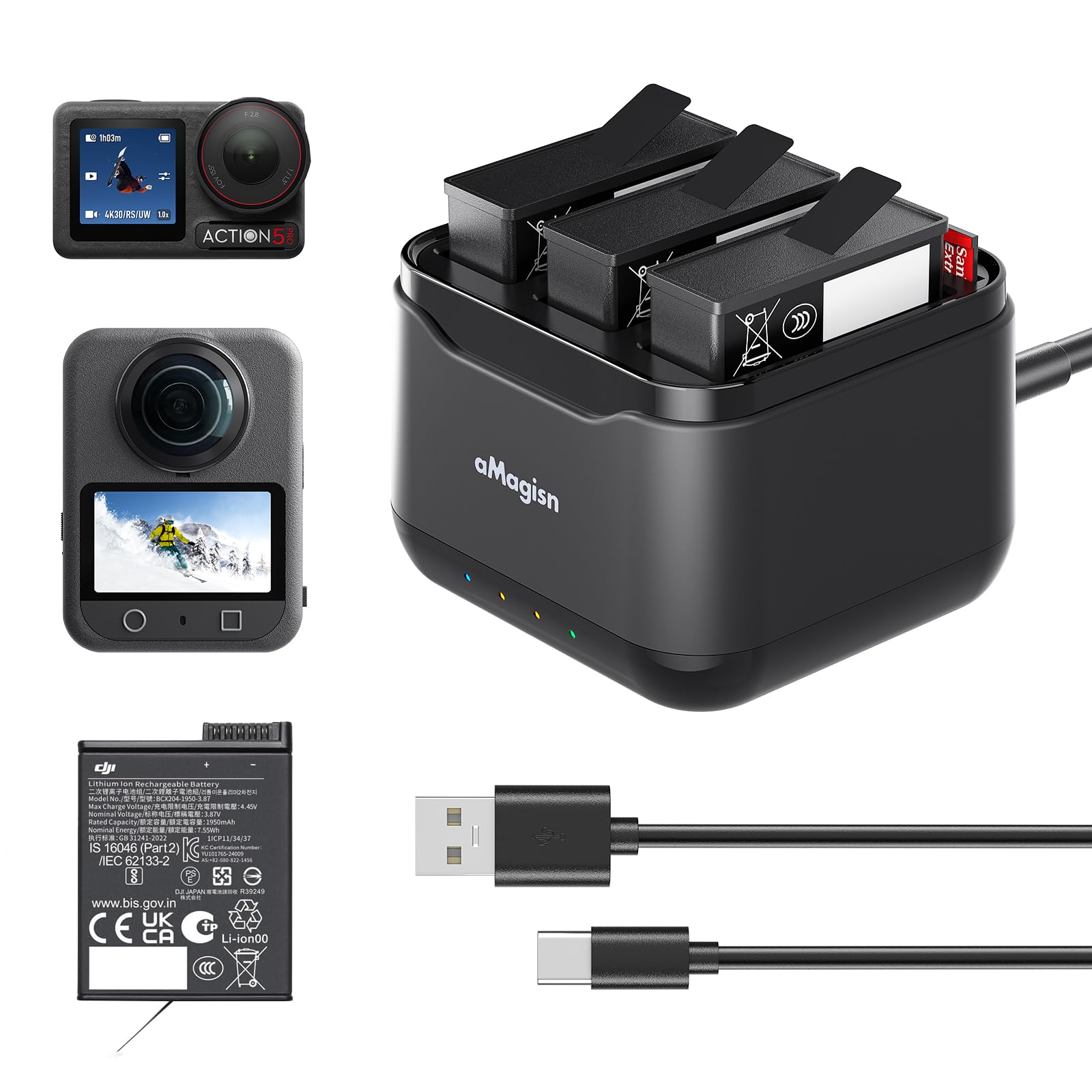DJI Osmo 360/Osmo Action 5 Pro/4/3 Battery Charger Hub, Triple Slot Battery Charger Battery Storage Box for DJI Osmo 360/Osmo Action 5 Pro