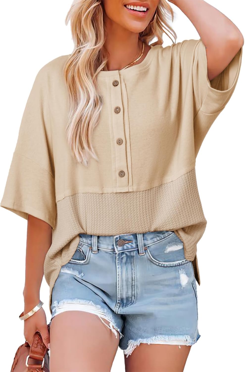 Dokotoo Womens Waffle Knit Tops 2026 Fashion 3/4 Sleeve Casual Button Down Shirts Crew Neck Oversized Patchwork Blouses