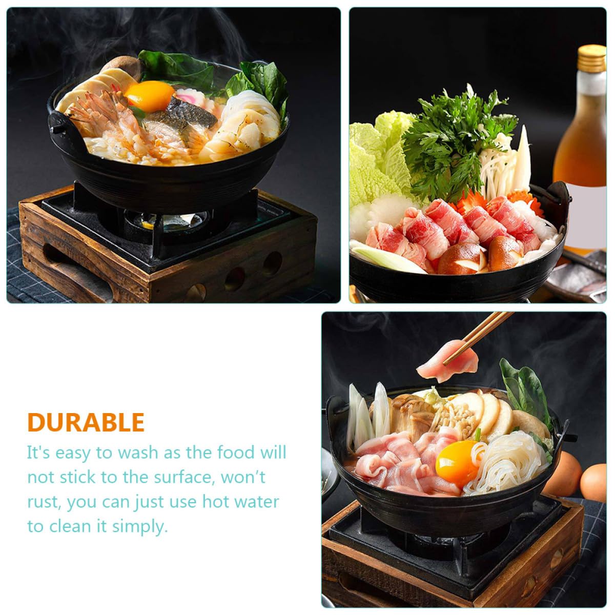 COLLBATH Olla Caliente Japonesa de Hierro Fundido para Sukiyaki Portátil con Aislamiento Térmico Adecuado para Cocinar al Aire Libre y Camping