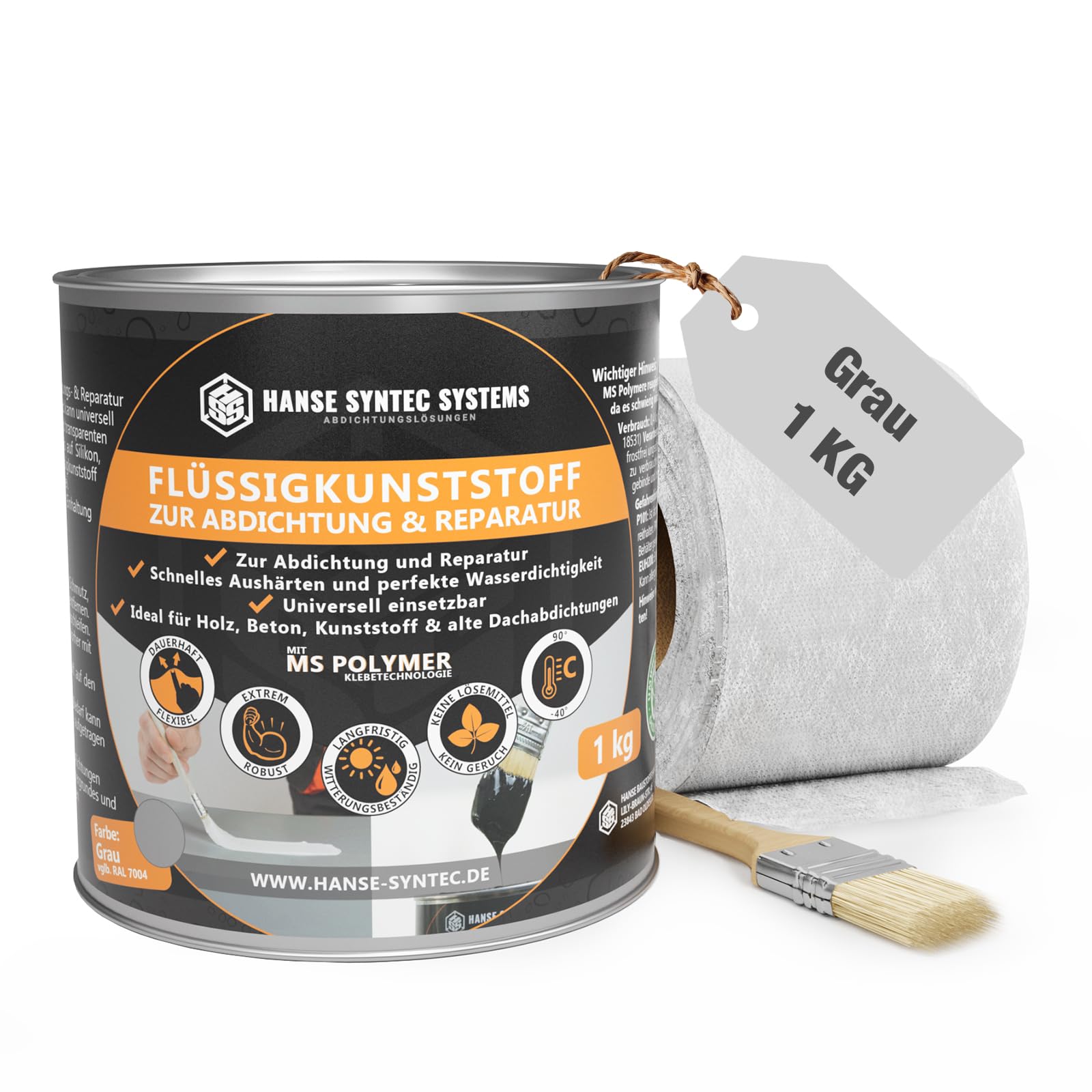 HSS Flüssigkunststoff Abdichtungsset inkl. Pinsel & Vlies – UV- & witterungsbeständig – MS-Polymer – lösungsmittel- & bitumenfrei – Grau – 1 kg für ca. 1 m²