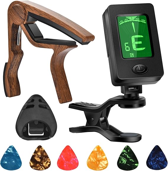 Guitar Capo, Guitar Picks, Guitar Accessories with Guitar Tuner, Capo for Acoustic Guitar, Bass, Buzzing-Free, Quick Release, Guitar Tuner Clip on for Guitar, Violin, Bass, Ukulele Chromatic, Rosewood