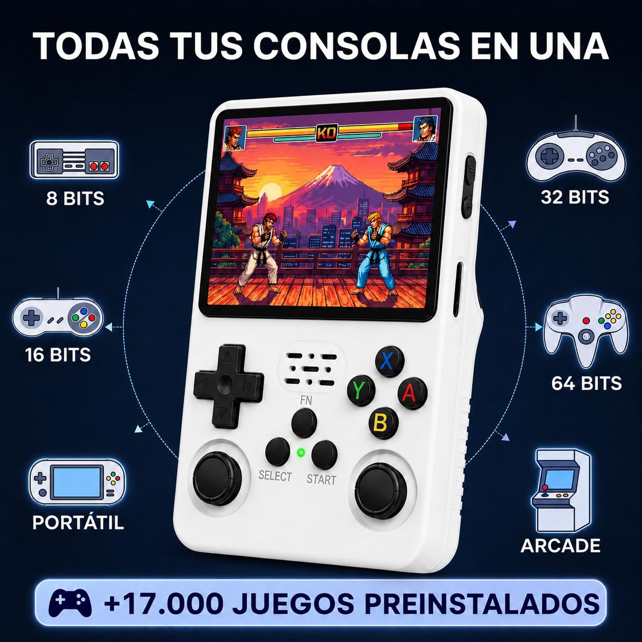 Console rétro portable avec 17 000 à 21 000 jeux - Version 2026 - Mini console d'arcade - Jeux PS1, PSP, N64, NDS, GBA, NeoG, etc. - Écran HD 3,5' 640 x 480 - Repousse les imitations (blanc)