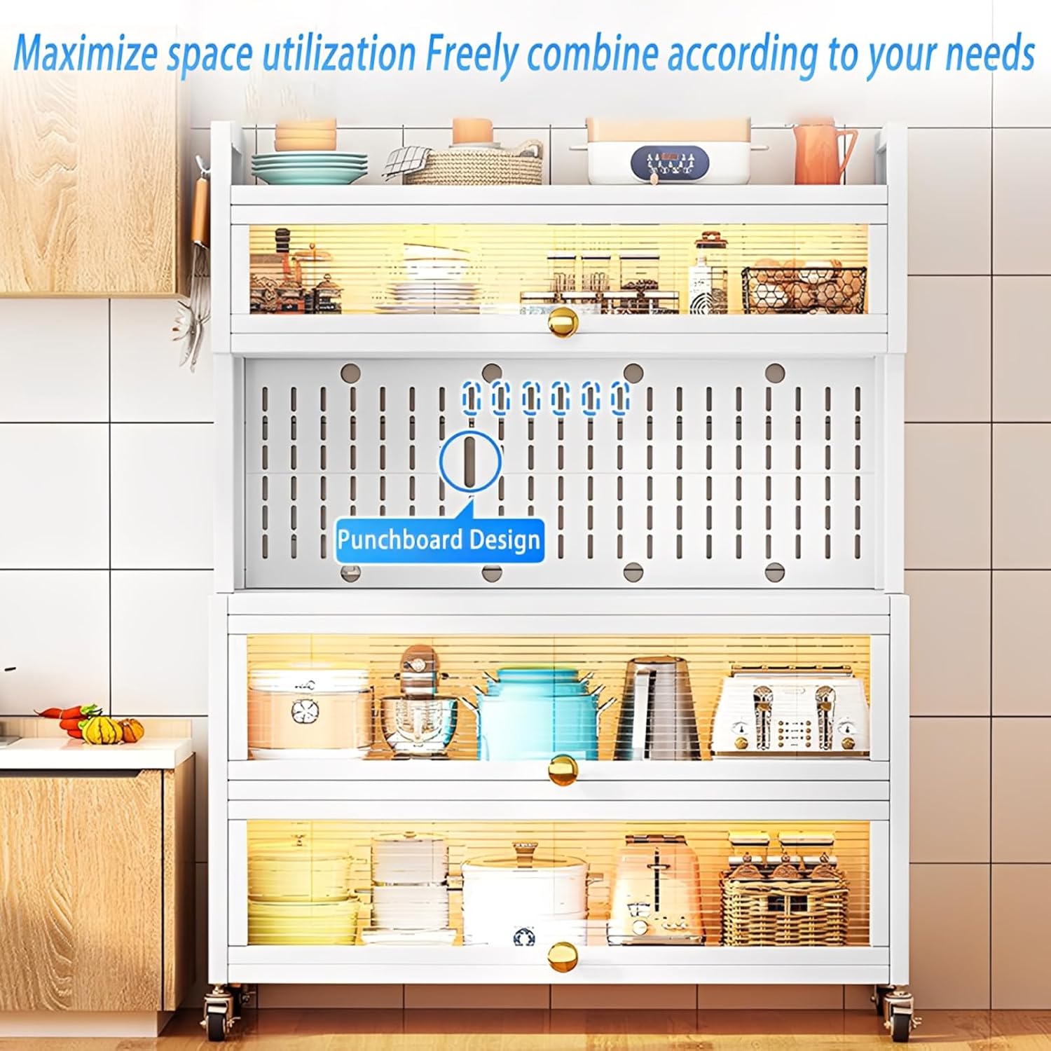 63" Bakers Rack, 5 Tier Kitchens Storage Cabinets for Kitchens with Clear Doors and Adjustable Shelves, Microwave Stand Tall Countertop Storage Sideboard for Pantry, Spices, Pots and Pans (White)