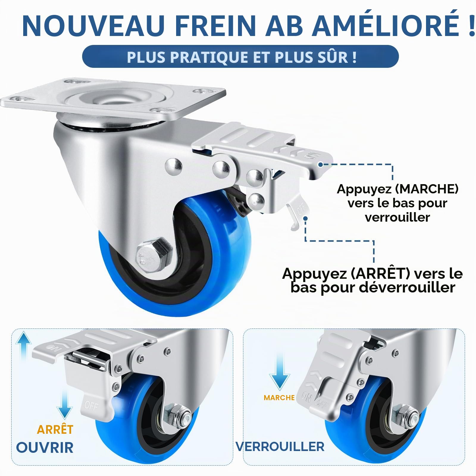 Roulettes Pivotantes 125 mm avec 4 Freins, Pack de 4 Charge Lourde 600kg