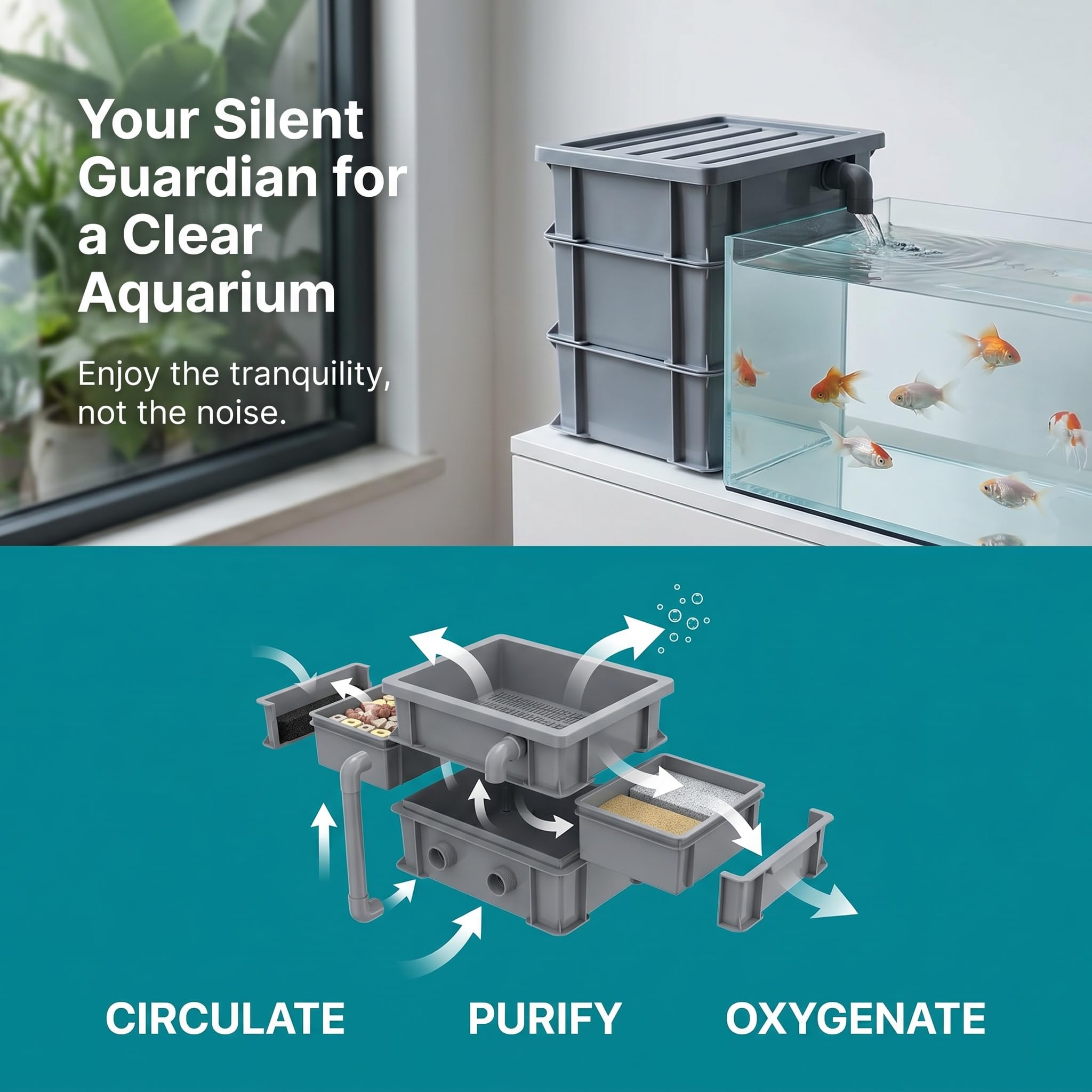 Filtro para Acuario, Caja De Goteo Externa con Cascada Y Flujo Ajustable, Sistema De Circulación De Agua para Pecera DIY, Bomba Y Material Filtrante No Incluidos. Gray 24.5x17.5x42.5cm