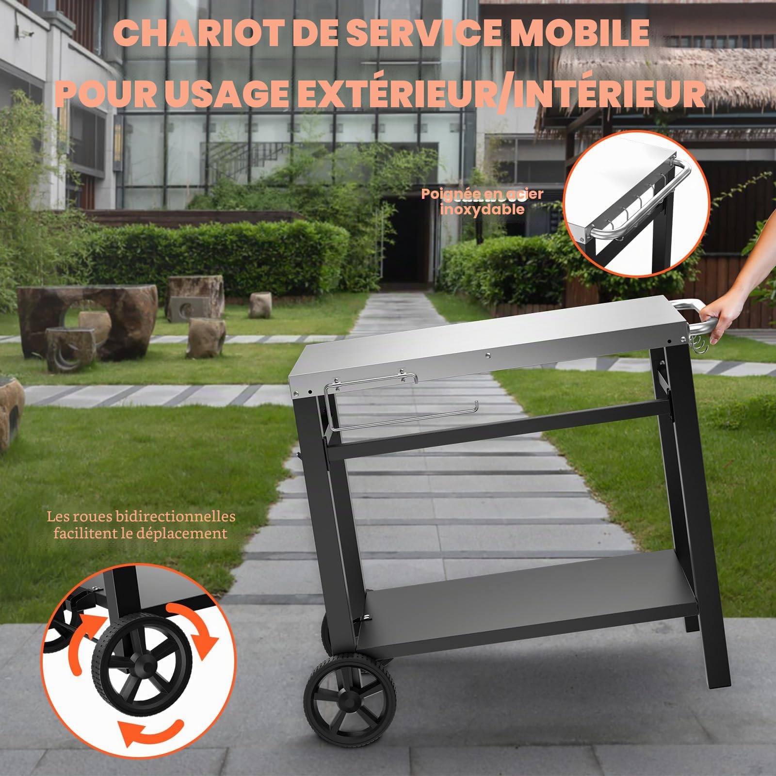 Table de Barbecue en Acier Inoxydable avec 2 Étages, Support de Four à Pizza, Chariot de Travail avec 5 Crochets, Chariot de Service Extérieur