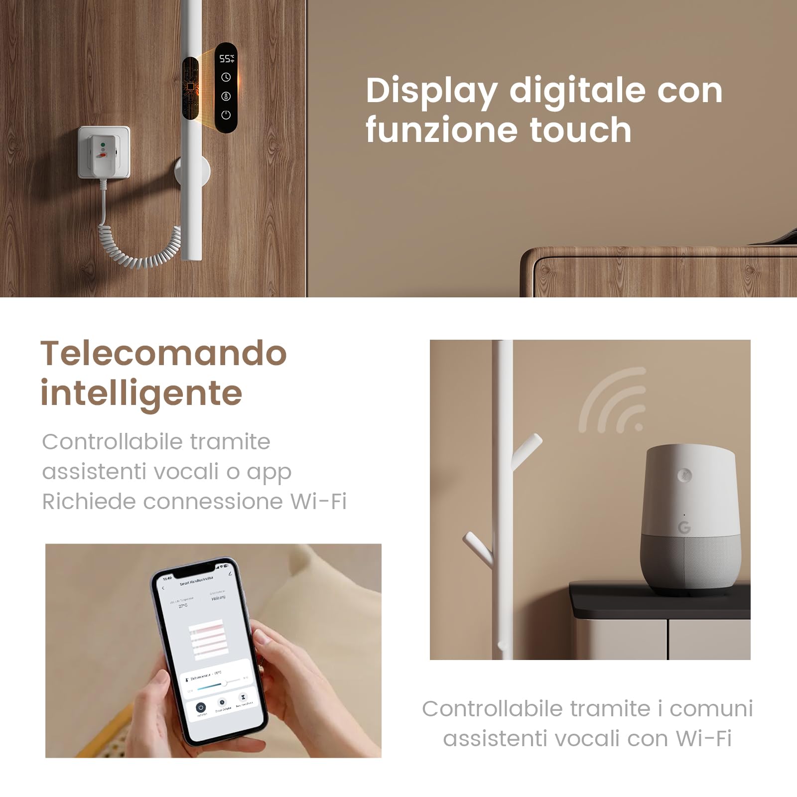 EMKE Scaldasalviette Elettrico da bagno, termostato intelligente WiFi, scaldasalviette elettrico a barra singola, 150 cm di altezza, Bianco