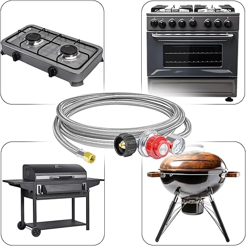 Miniatura 6 de Regulador de propano ajustable de alta presión de 12 pies 0-30PSI con indicador de flujo de gas de calibre 0-60PSI, manguera trenzada de acero