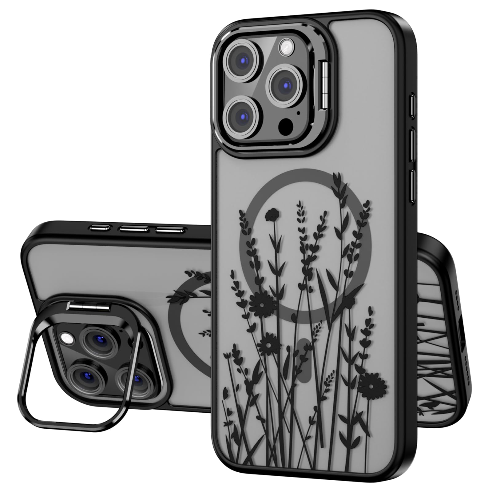 OAOA Magnetic Case Compatible with iPhone 16 Pro Case with Kickstand, Compatible with Magsafe, Built in Camera Stash Stand, Anti-Fall Military Protection TPU Case for Women, Wild Flower