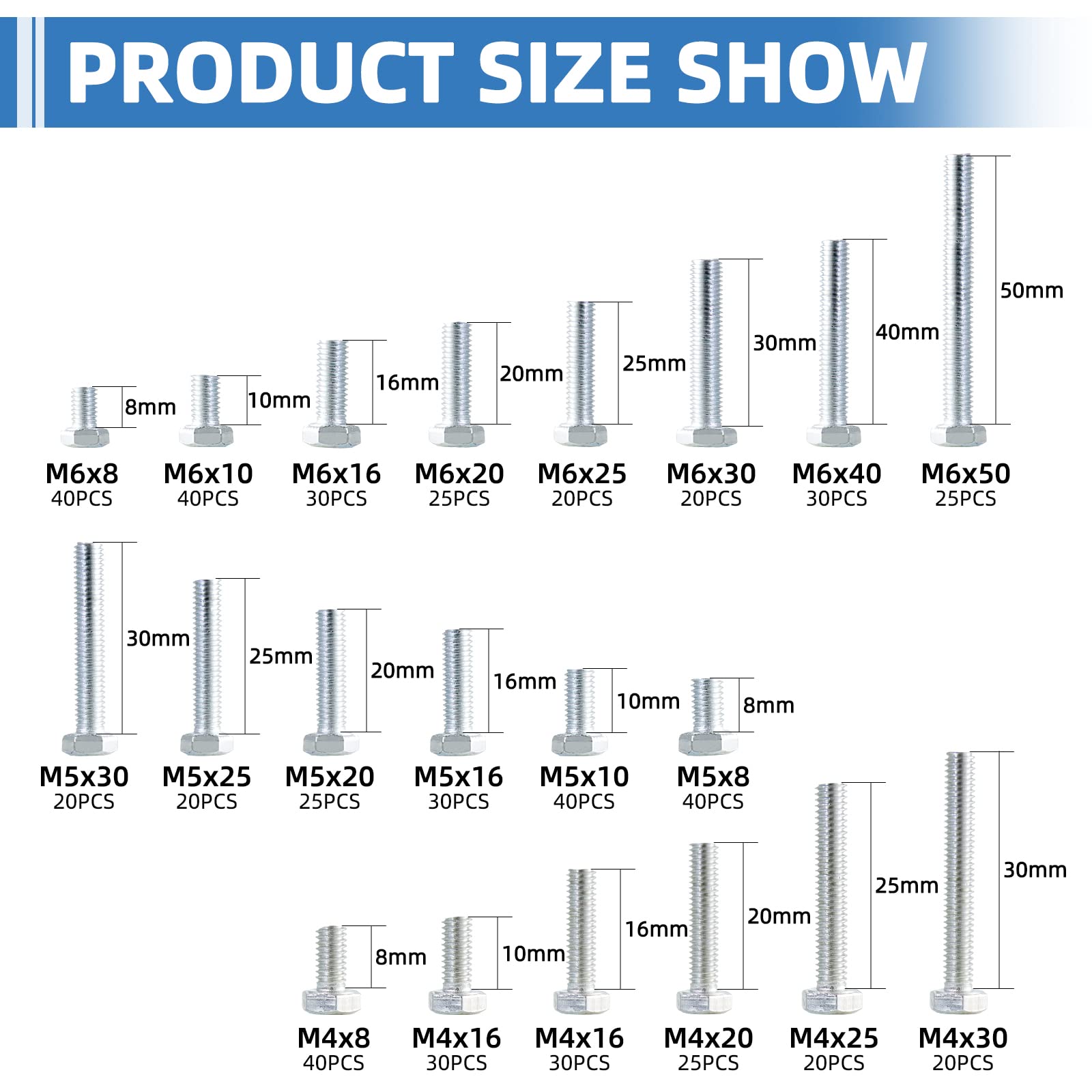 CCLIFE 580-Piece Hexagonal Screws Set M4 M5 M6 8-50 mm DIN 933 Galvanised Hexagonal Screws Full Thread - Image 3