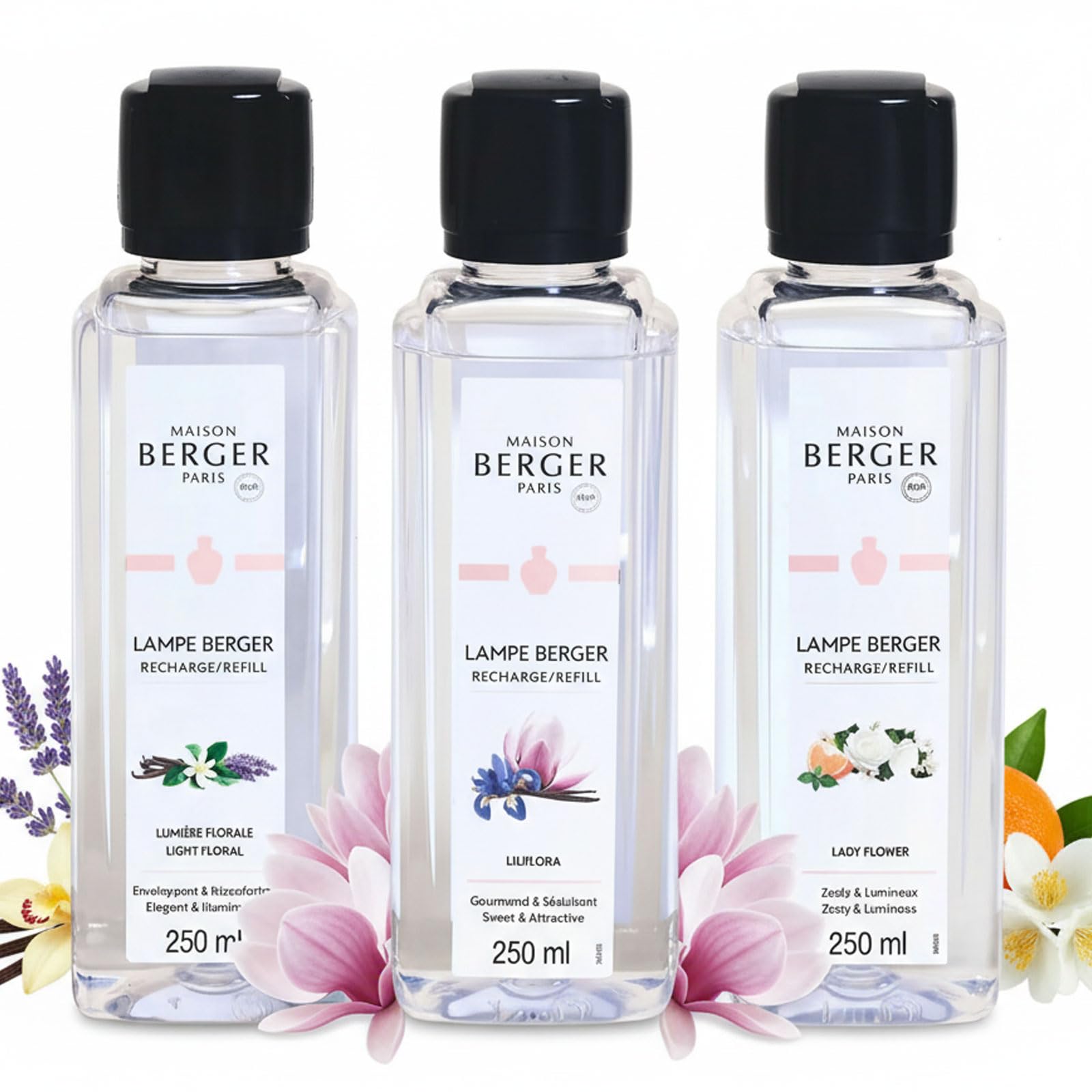 Lampe Berger – TrioPack Colección Ophelia – Juego de 3 botellas de 250 ml – Lumière Florale – Lady Flower y Liliflora – en elegante caja de regalo