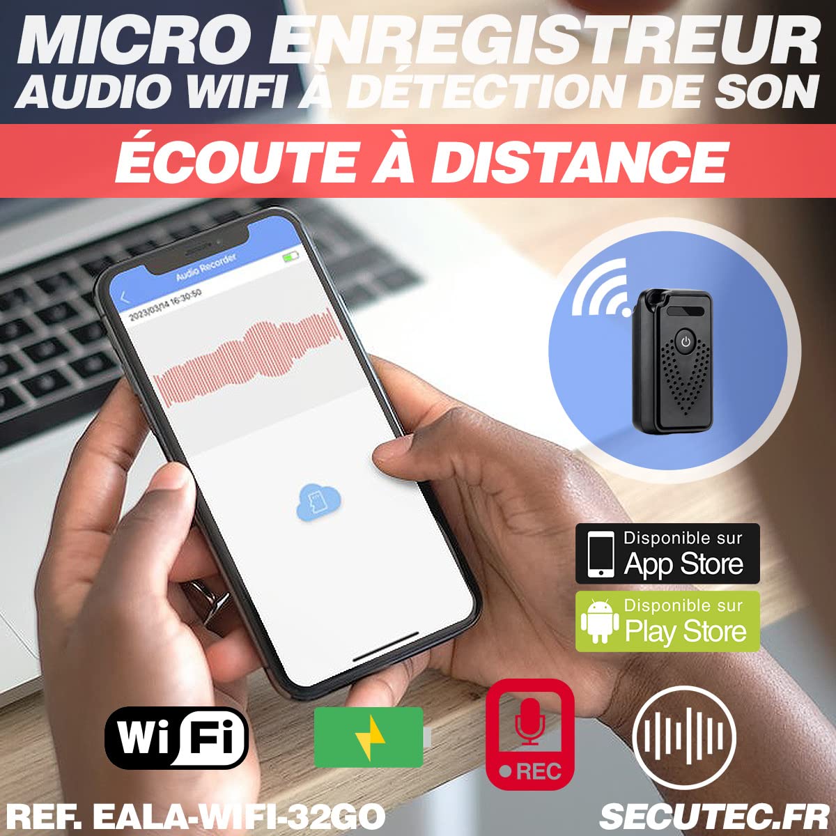 Mini Enregistreur Audio WiFi Autonomie Longue détection de Bruit, écoute à Distance 32 Go