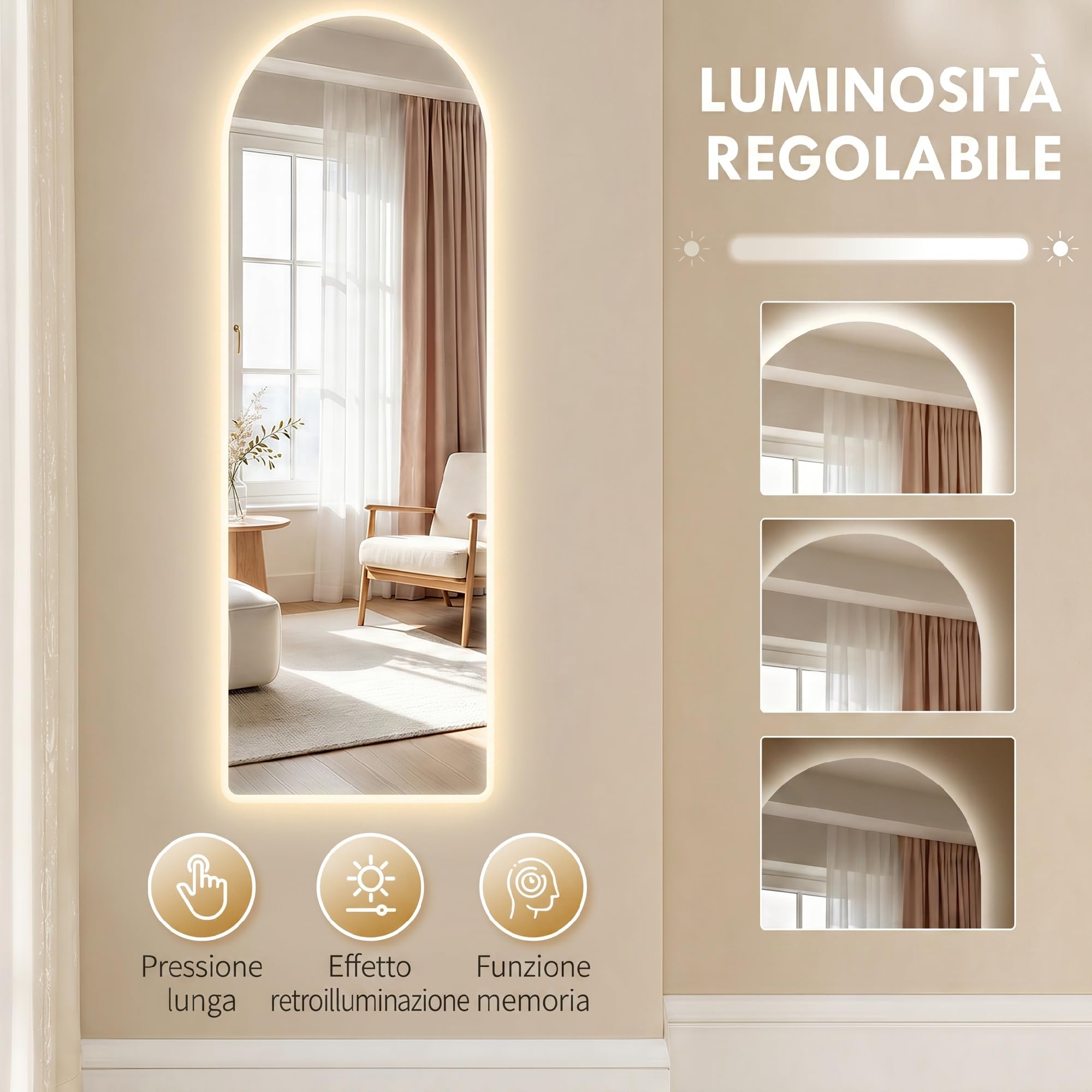 HOMCOM Specchio da Parete ad Arco LED Regolabile 40x3x120 cm Trasparente | Illuminazione, Controllo Touch, Specchio Illuminato, Vetro Temperato, Funzione Memory