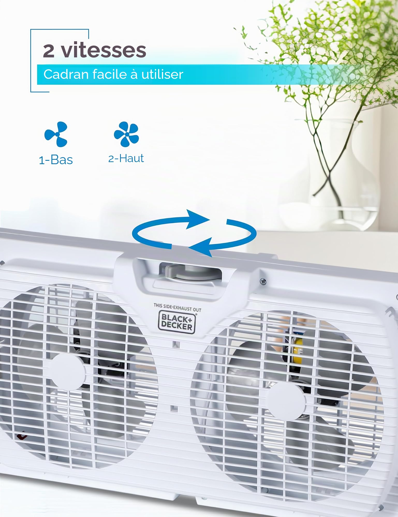 BLACK+DECKER Ventilateur de fenêtre double de 22,9 cm pour écran de fenêtre avec 2 réglages de vitesse, double ventilateur de fenêtre avec commandes mécaniques et pieds amovibles, ventilateur de