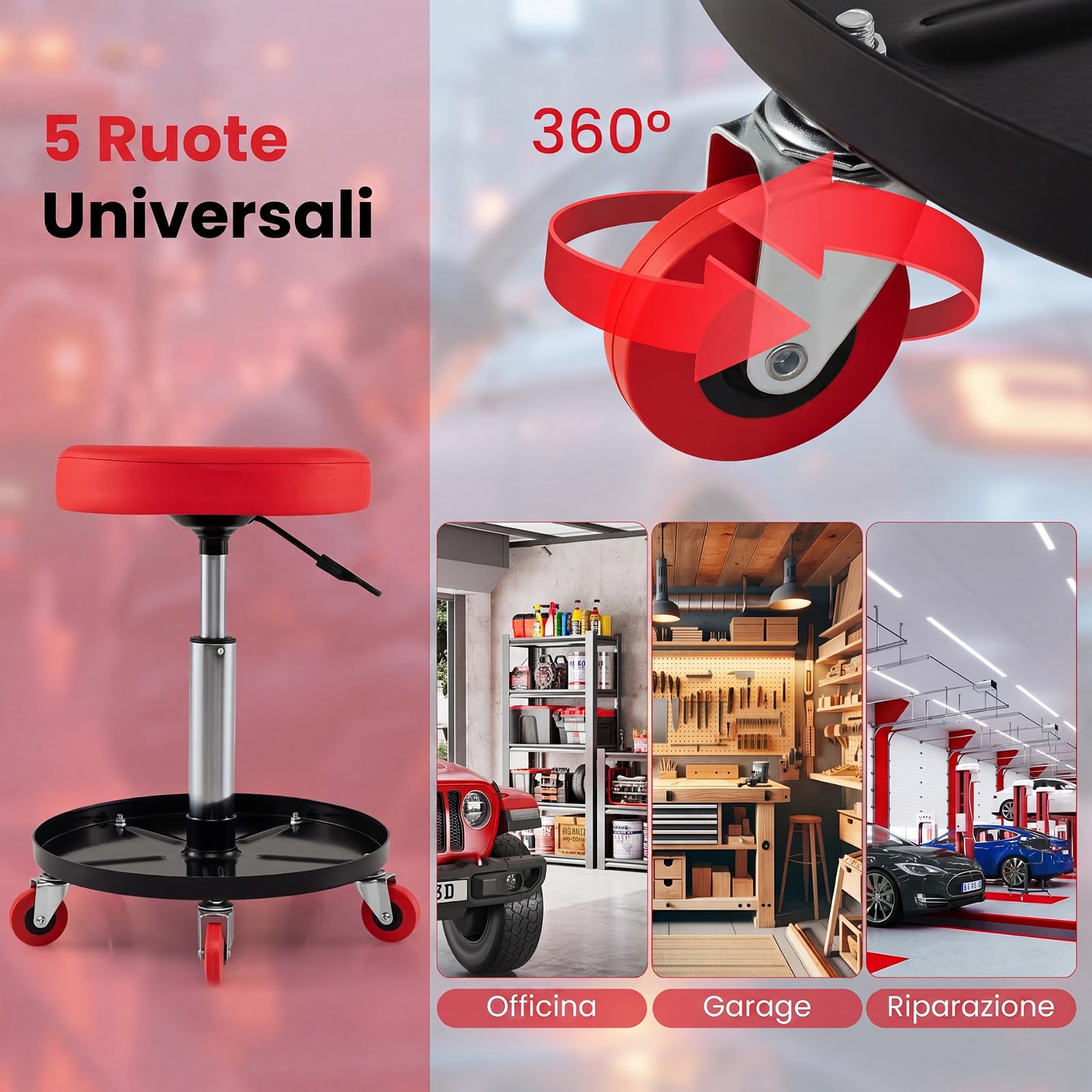COSTWAY Sgabello da Officina con Vassoio Porta Attrezzi, Portata 150 kg | Sedia da Lavoro con Ruote, Altezza Regolabile e Girevole a 360°, Sedia da Meccanico per Garage e Officina