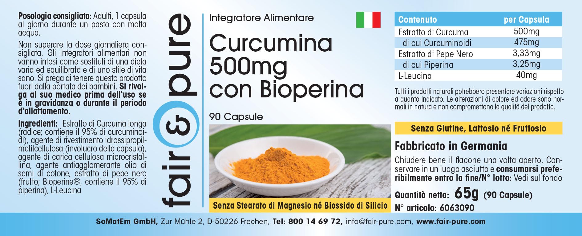 Fair & Pure® - Curcuma in capsule con Pepe Nero - Curcumina 500mg - 95% Piperina - Vegano - 90 Capsule