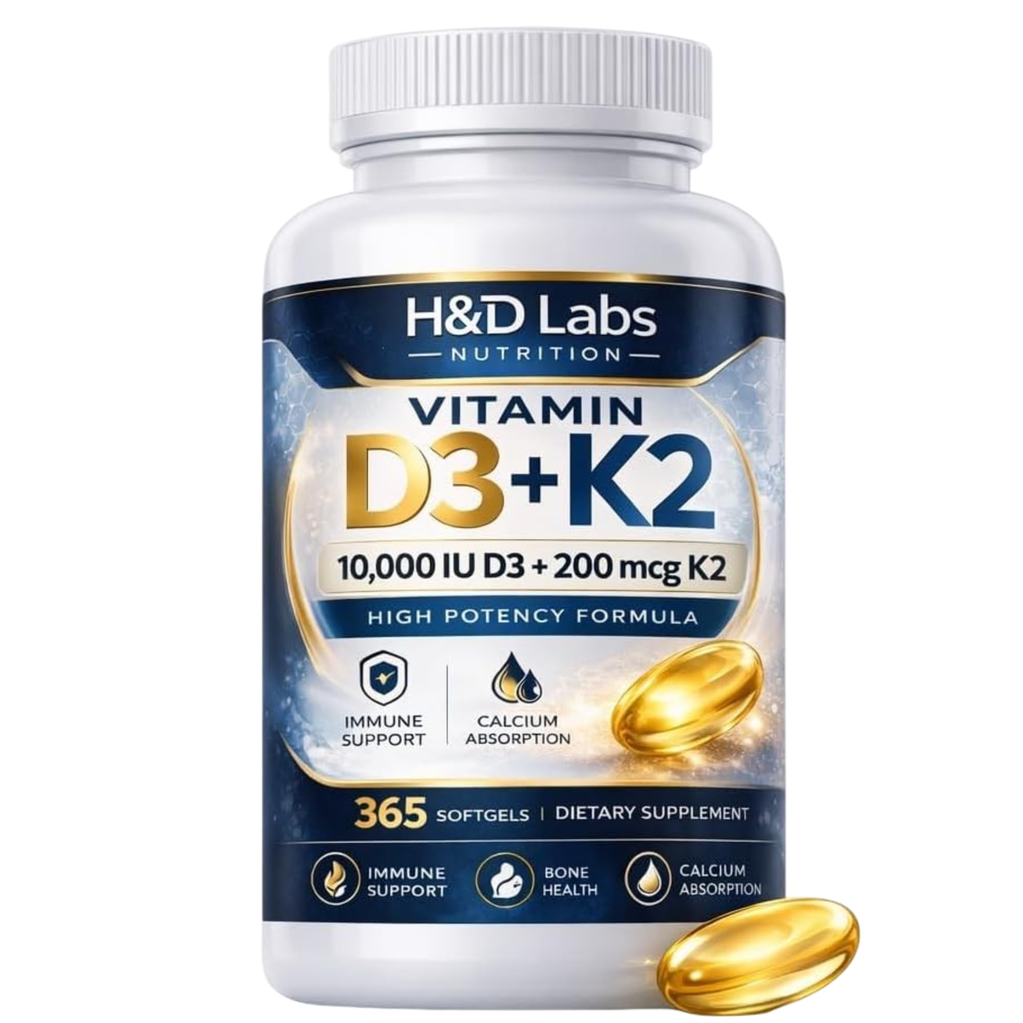 H&D Labs Nutrition Vitamin D3 K2 10000 IU (125mcg) with MK-7 – High Potency Bone & Immune Support – 365 Capsules – Non-GMO Dietary Supplement