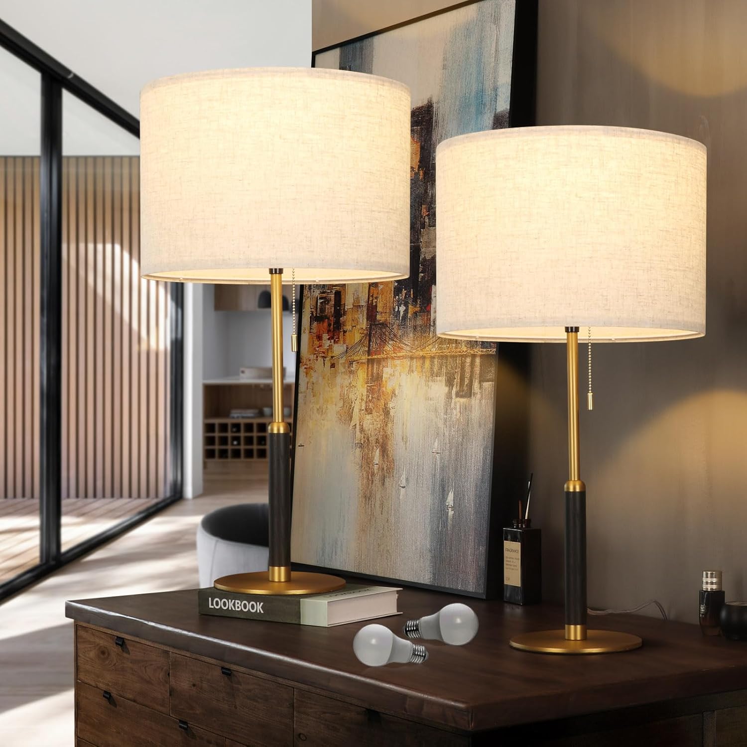 26.4″ Set of 2 Modern Living Room Table Lamp for End Tables Bedside Lamps for Bedroom 3-Color Temperatures Pull Chain Switch Lamp Wood Fabric for Home/Office/Desk Decor (Light Brown+Brass) 26.4″ Set of 2 Modern Living Room Table Lamp for End Tables Bedside Lamps for Bedroom 3-Color Temperatures Pull Chain Switch Lamp Wood Fabric for Home/Office/Desk Decor (Light Brown+Brass)