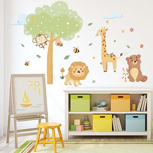 Miniatura 3 de Calcomanías de pared de animales de bebé de la selva, monos, leones, jirafas, animales del bosque, calcomanías de pared  Guardería de bebé,