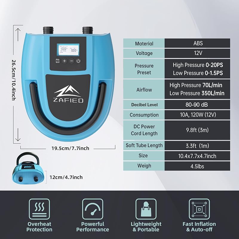 LUBAKED Elektromos SUP Pumpa 20 PSI - Kétfokozatú Automata Kompresszor LCD Kijelzővel, 12V-os, 7 Fúvókával Paddleboardhoz, Csónakhoz, Matrac