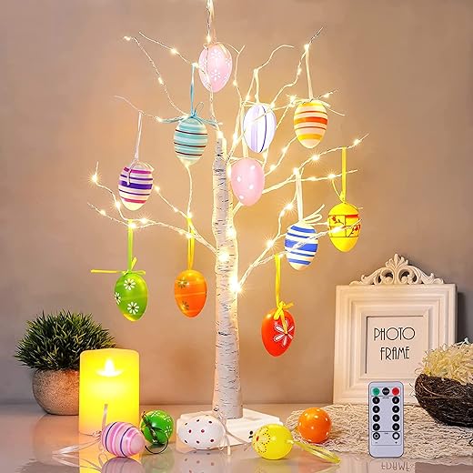 MCEAST Easter Decoration 1.8 Feet 55 Light Birch Tree Lighted Battery Operated Timer Tabletop Decorations Include 16 Pieces Random Style Easter Egg Ornament for Easter Spring Party Home Decor