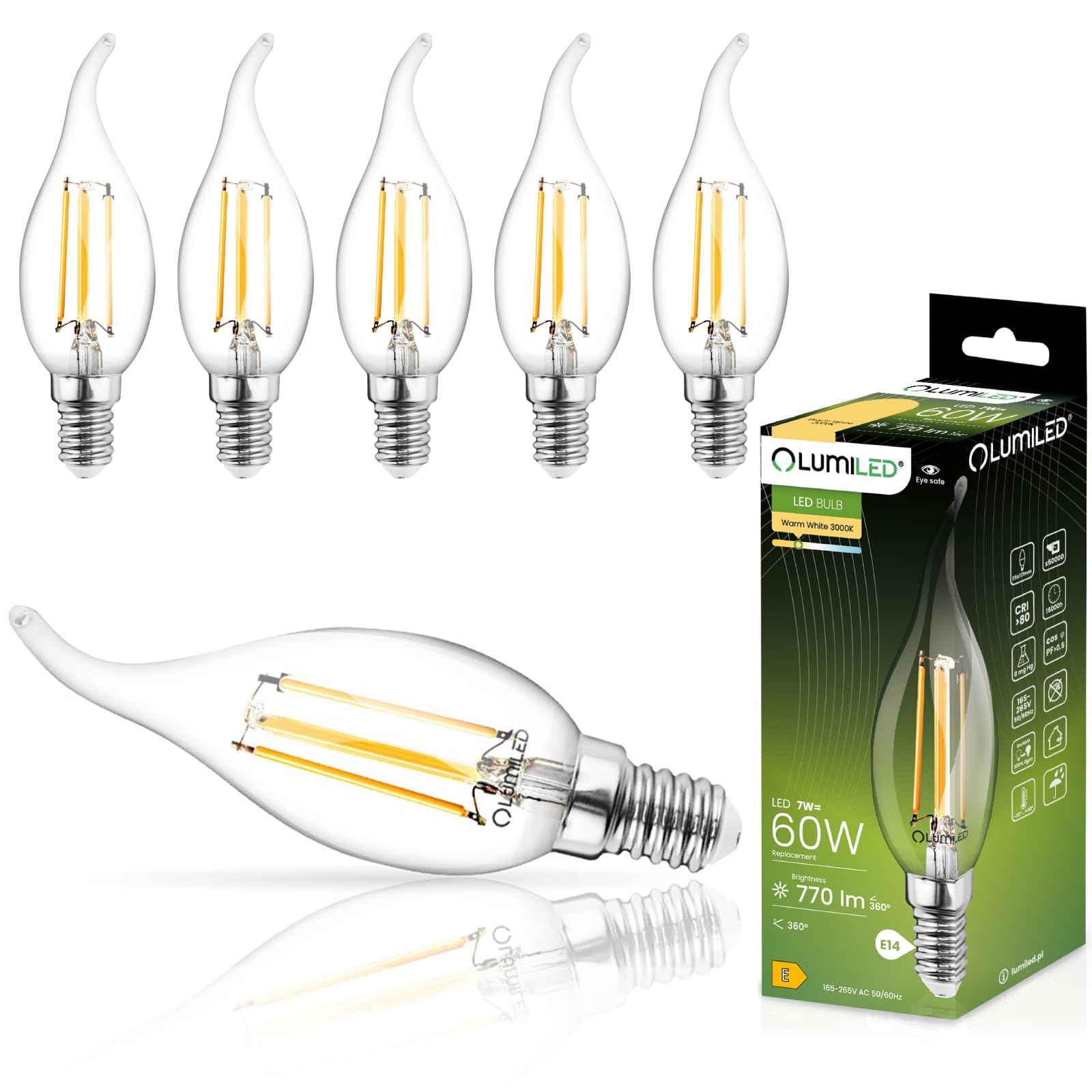 Lumiled BA35 E14 LED Lampe 6 Stück Set 7W (ersetzt 60W) 770lm Classic Filament Glas Leuchtmittel Kerzenform Windstoß 3000K Warmweiß Birne Lampen 360° Abstrahlwinkel Glühbirnen Kerzenlampe Kerze