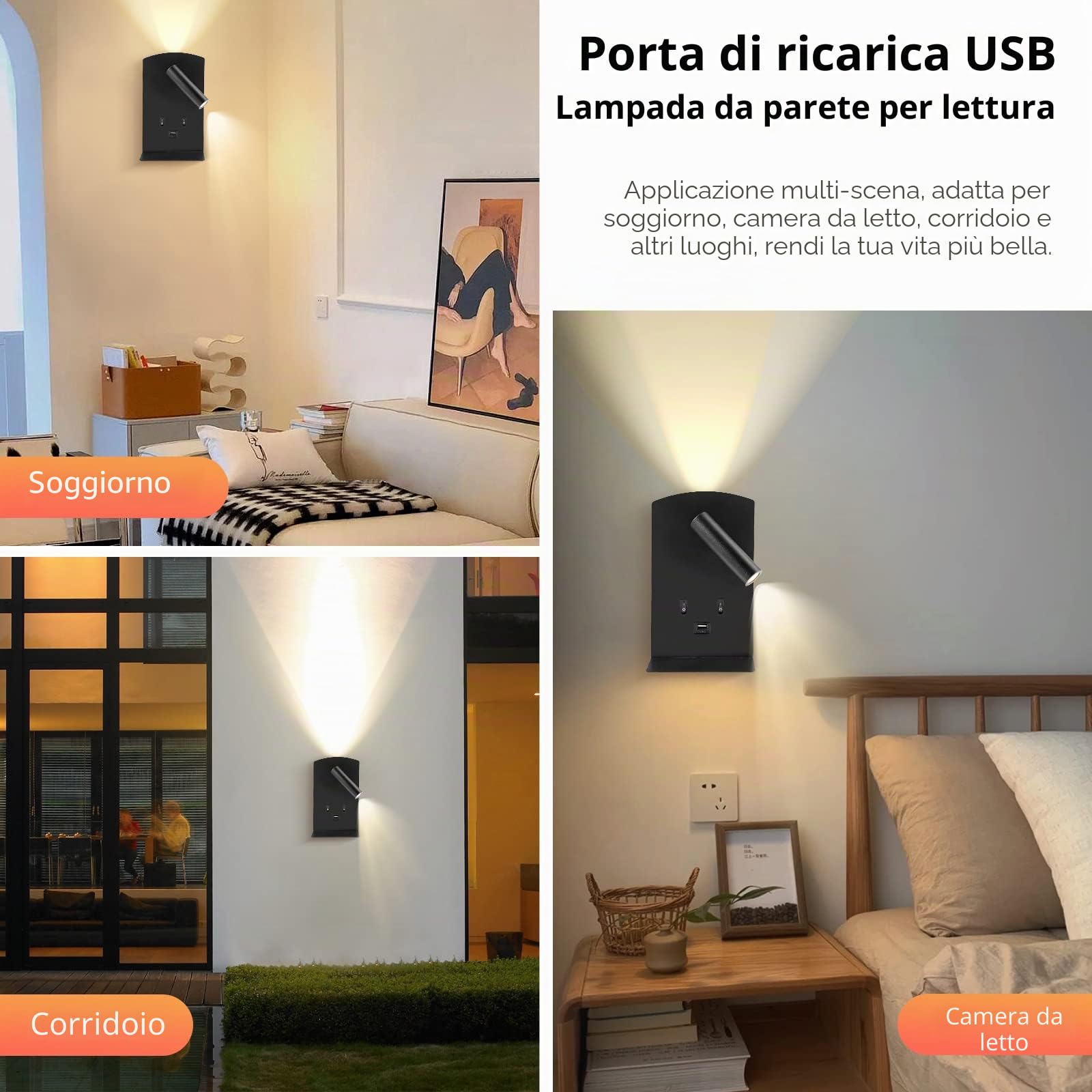 Weigudoc Lampada da Parete a LED 2pcs, Lampada da Lettura Sul Comodino con Vassoio per Cellulare, con Porta di Ricarica USB E Interruttore, Applique da Parete per Corridoio(Luce Calda 3w + 9w) (Nero)