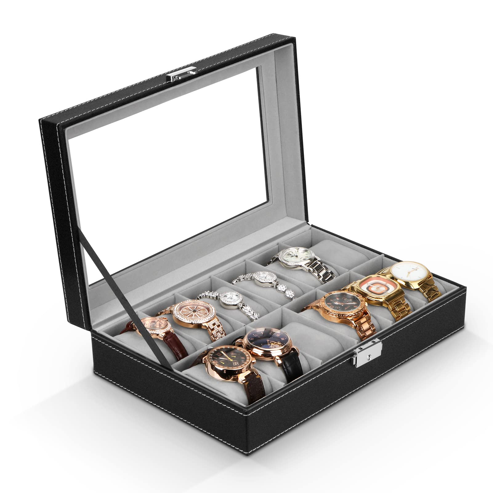 HomarketHomarket Watch Box for Men, 12 Slots Leather Watch Display Case Organizer Watch Holder, Glass Top