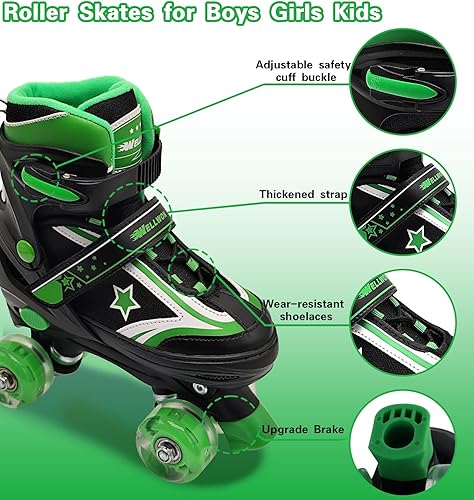 Miniatura 4 de Patines de ruedas para niños y niñas, 4 tamaños ajustables para niños con ruedas iluminadas, patines para niños y niñas de 5 a 8 a 12 años, verde y