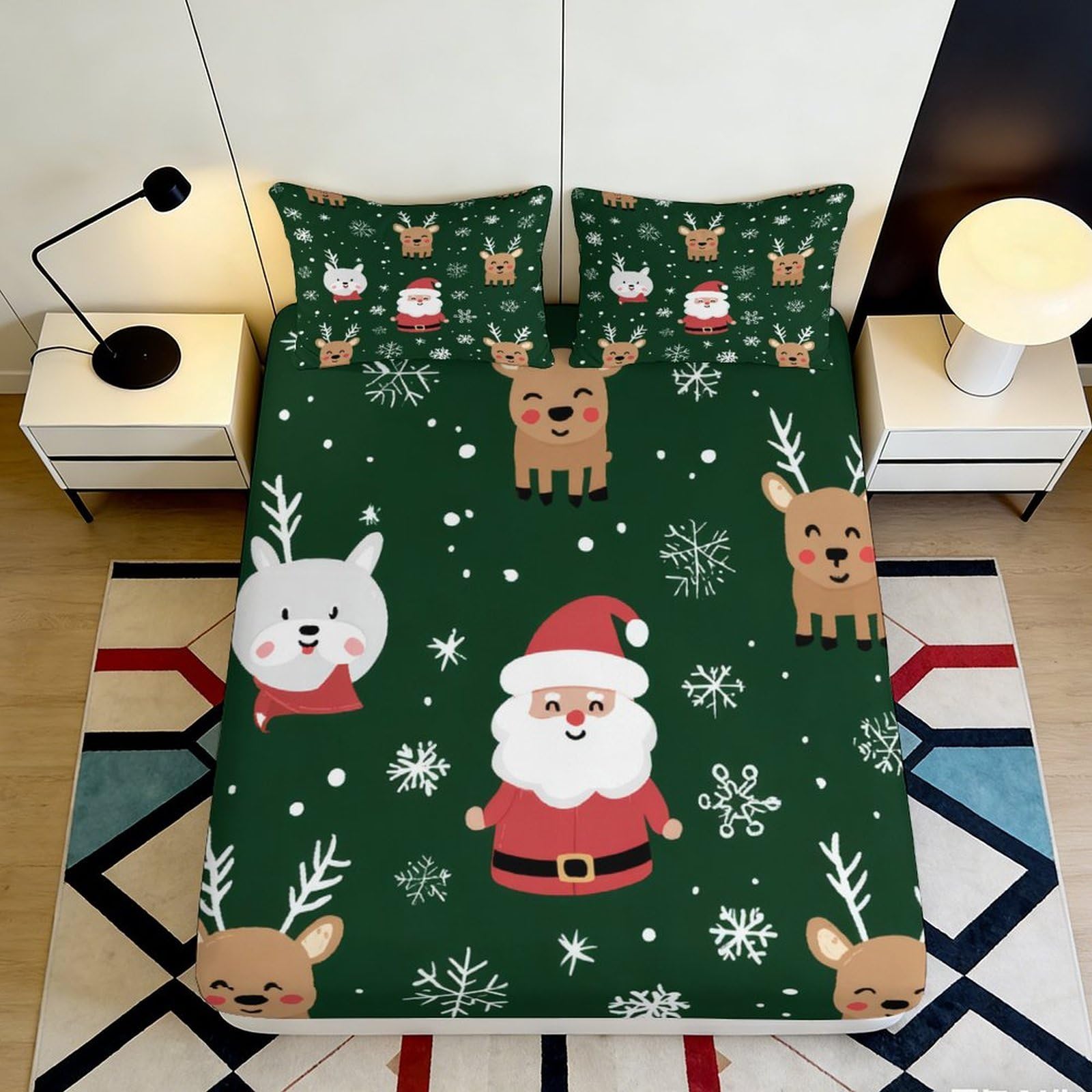 3D Printed Christmas Santa Fitted Sheet Microfiber Reindeer Snowflake Mattress Cover for Bedroom Guest Room Dorm Decor 90x200x25cm
