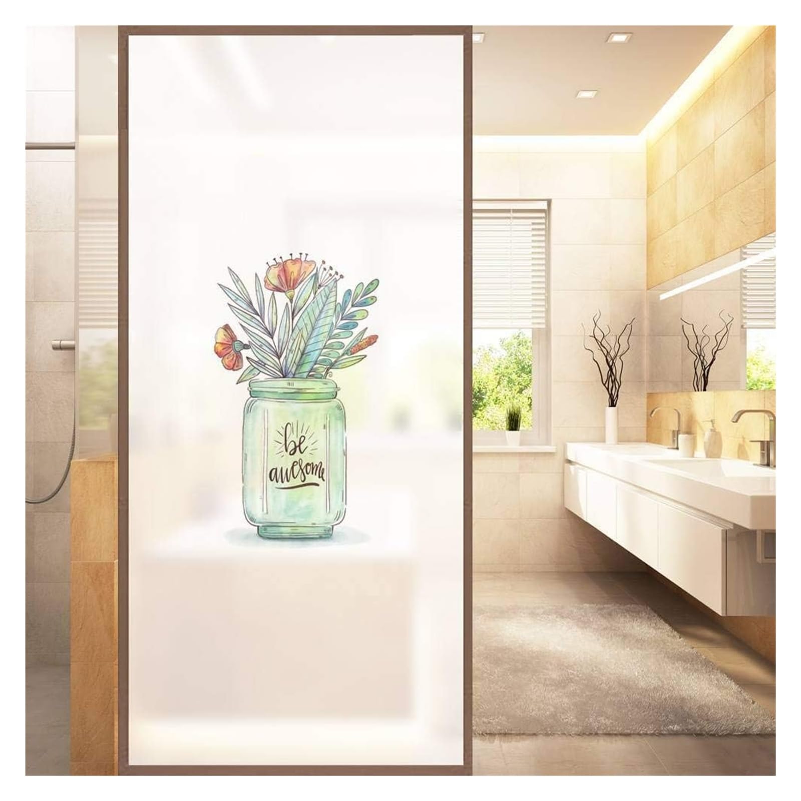 window film， Green Plant Privacy for Glass Windows Opaque Frosted Window bathroom Film)((58x180 cm))