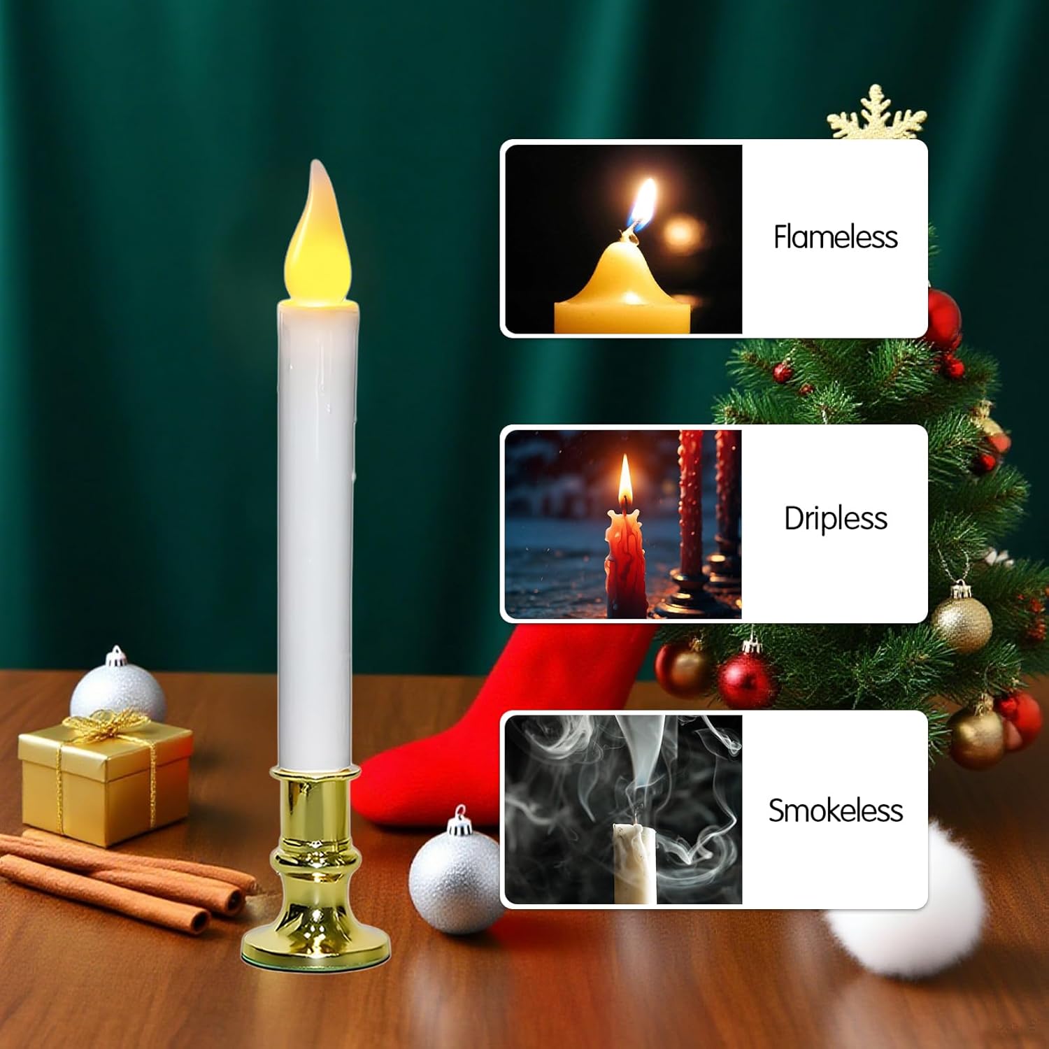 4Pack Christmas Window Candles Battery Operated with Timer, 6H/18H Auto On/Off, LED Flameless Candles with Realistic Flickering Flame and Suction Cups for Holiday Home Decor