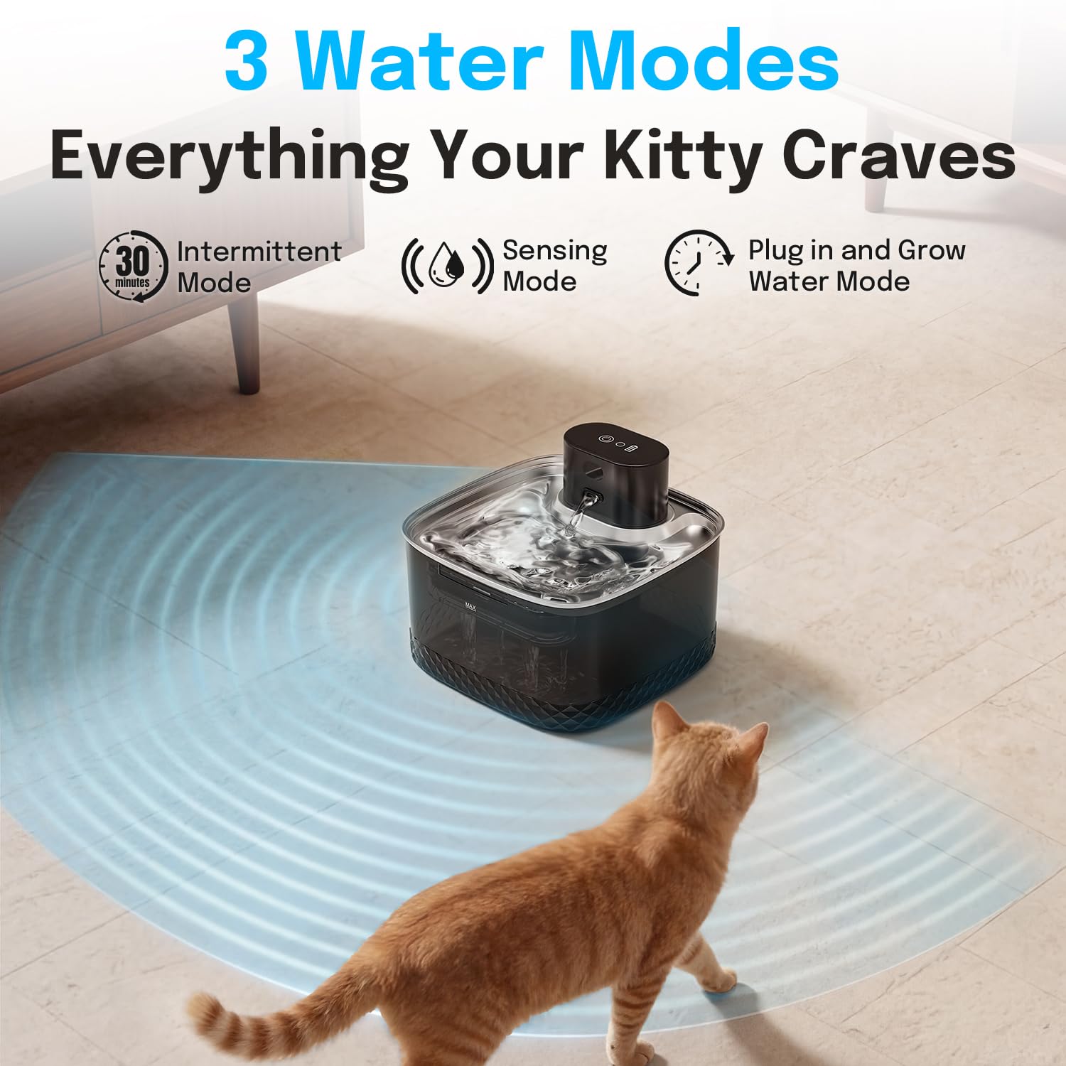 Petinstinct Wireless Cat Water Fountain, 2L Rechargeable Pet Fountain with Stainless Steel Tray, Ultra Quiet Pump, Motion Sensor & Anti-Dry Burn, Auto Water Dispenser for Cats Dogs, Black (1 Filter) - image 7
