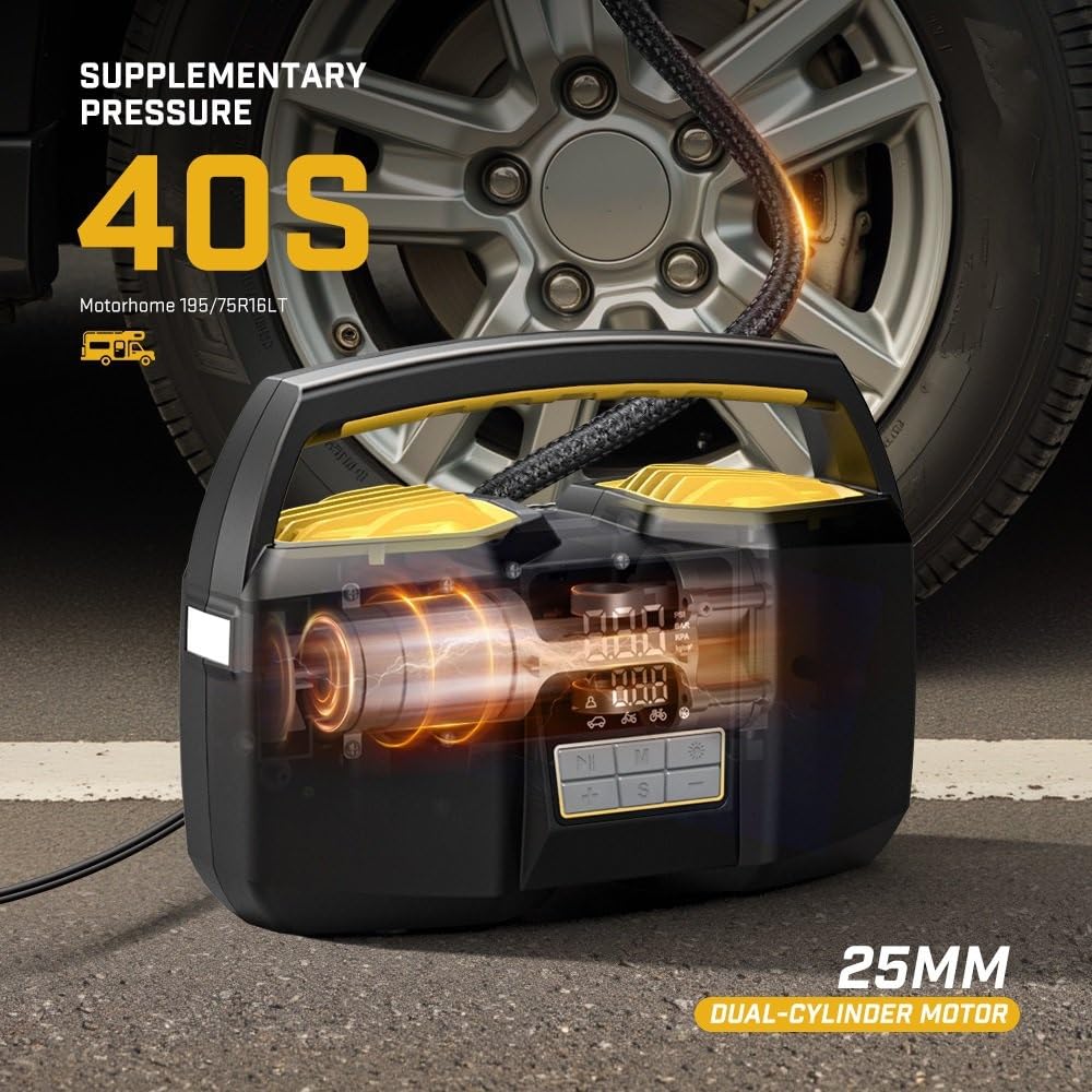 Compressori Portatili Doppio gonfiatore a 25 cilindri 150PSI, accendisigari da 12 V e Luce a LED per Camper/SUV/Pneumatici di Grandi Dimensioni Compressore Portatile
