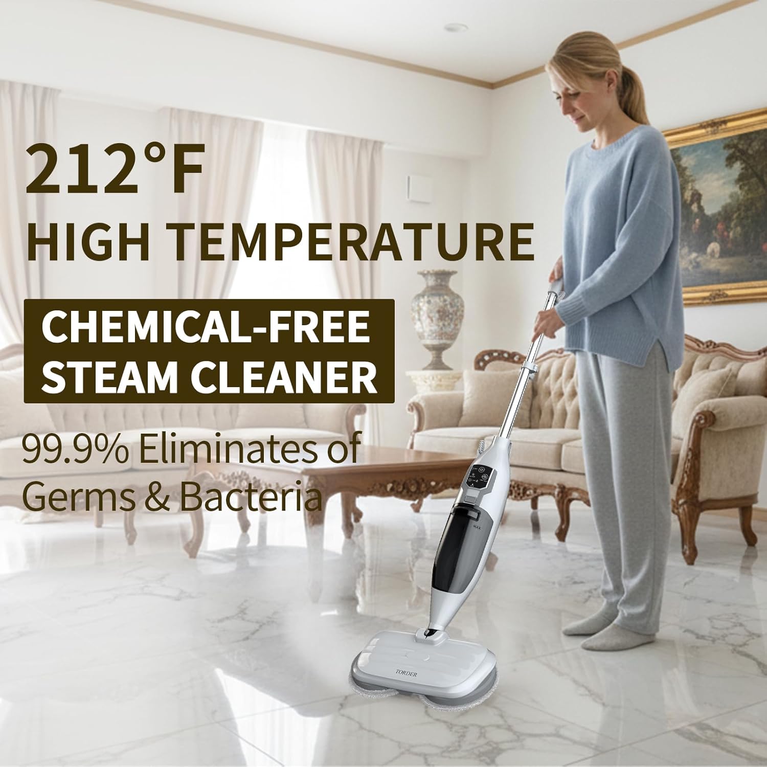 Scrub and Steam Mop with 13 Accessories,Floor Scrubber Spin Mop for Hard Floors Deep Cleaning,Washable Mop Pads for Home,550ml Capacity,Chemical-Free Deep Clean & Sanitize with High Temperature White
