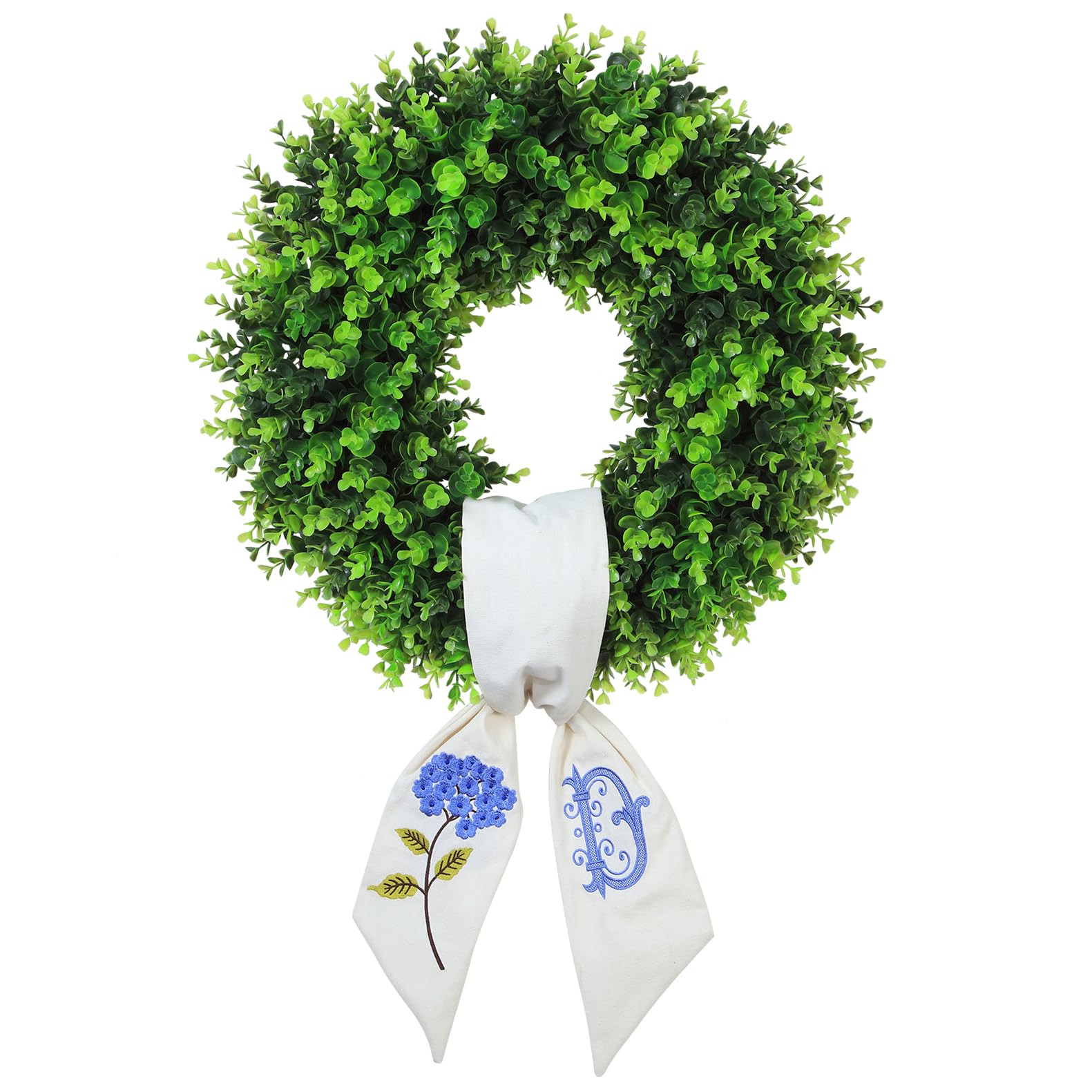 Boxwood Wreaths for Front Door Spring Summer Wreaths Farmhouse Door Hanger,Last Name Year Round Porch Decor, 20 inch Wreath with Personalized Monagram sash Embroidered -20 inch (D)