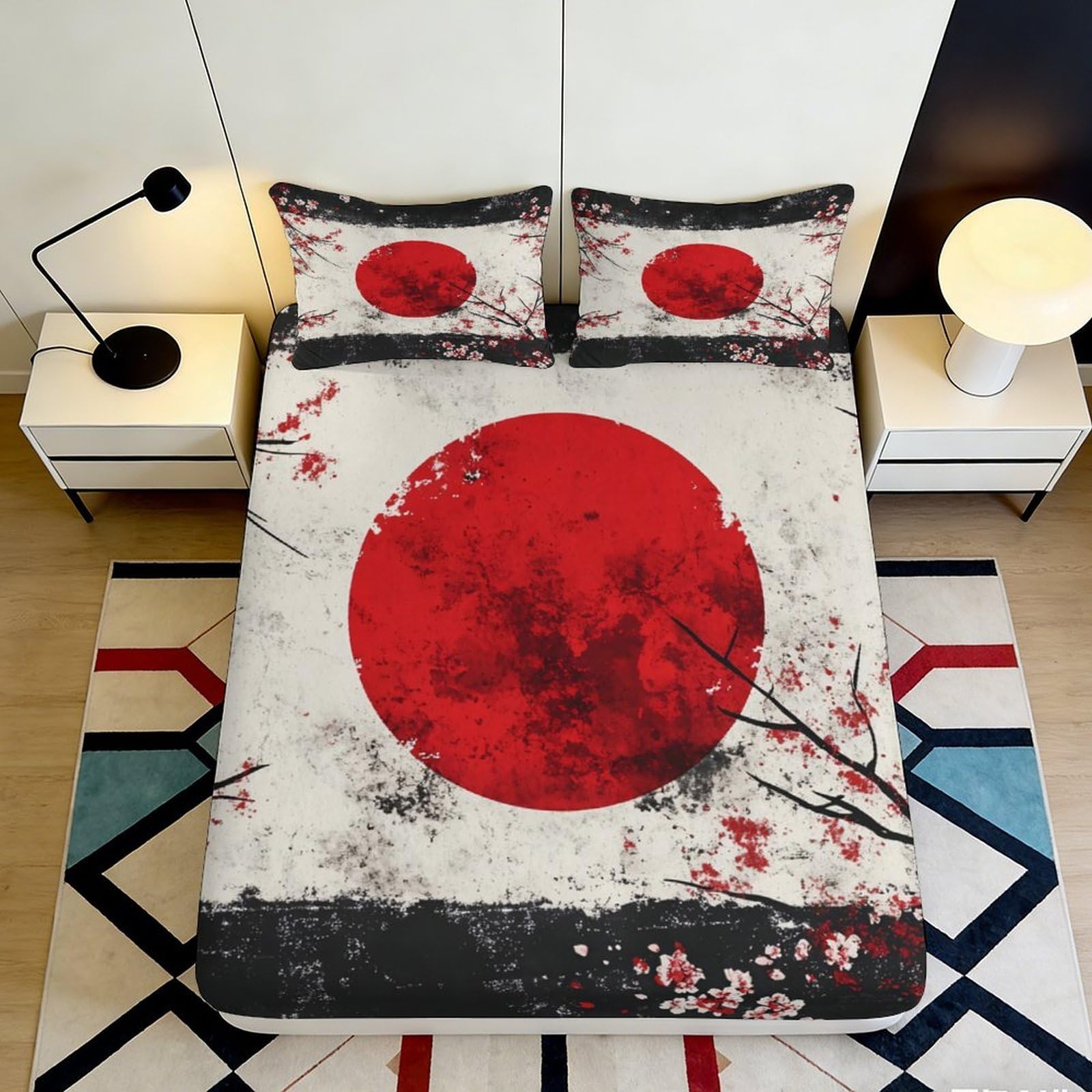 3D Printed Japanese Red Sun Fitted Sheet Microfiber Soft Abstract Ink Cherry Blossom Mattress Cover for Bedroom Decor 180x200x25cm