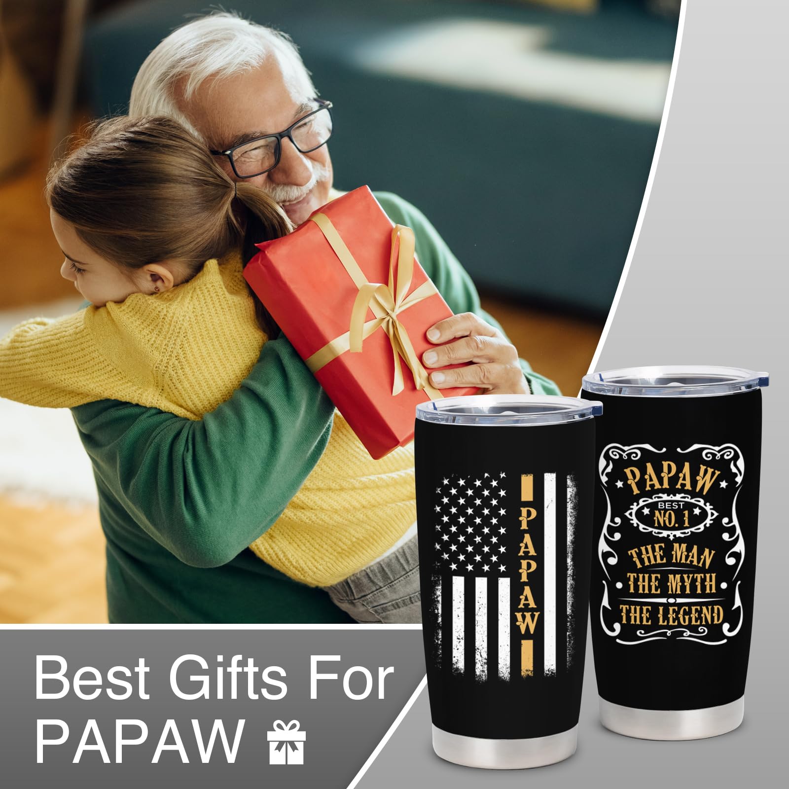 Papaw Fathers Day Gift, Papaw Gifts from Grandkids/Grandson/Grandaughter, Papaw Gifts for Grandpa, Birthday Gift for Papaw, 20 oz Insulated Stainless Steel Tumbler