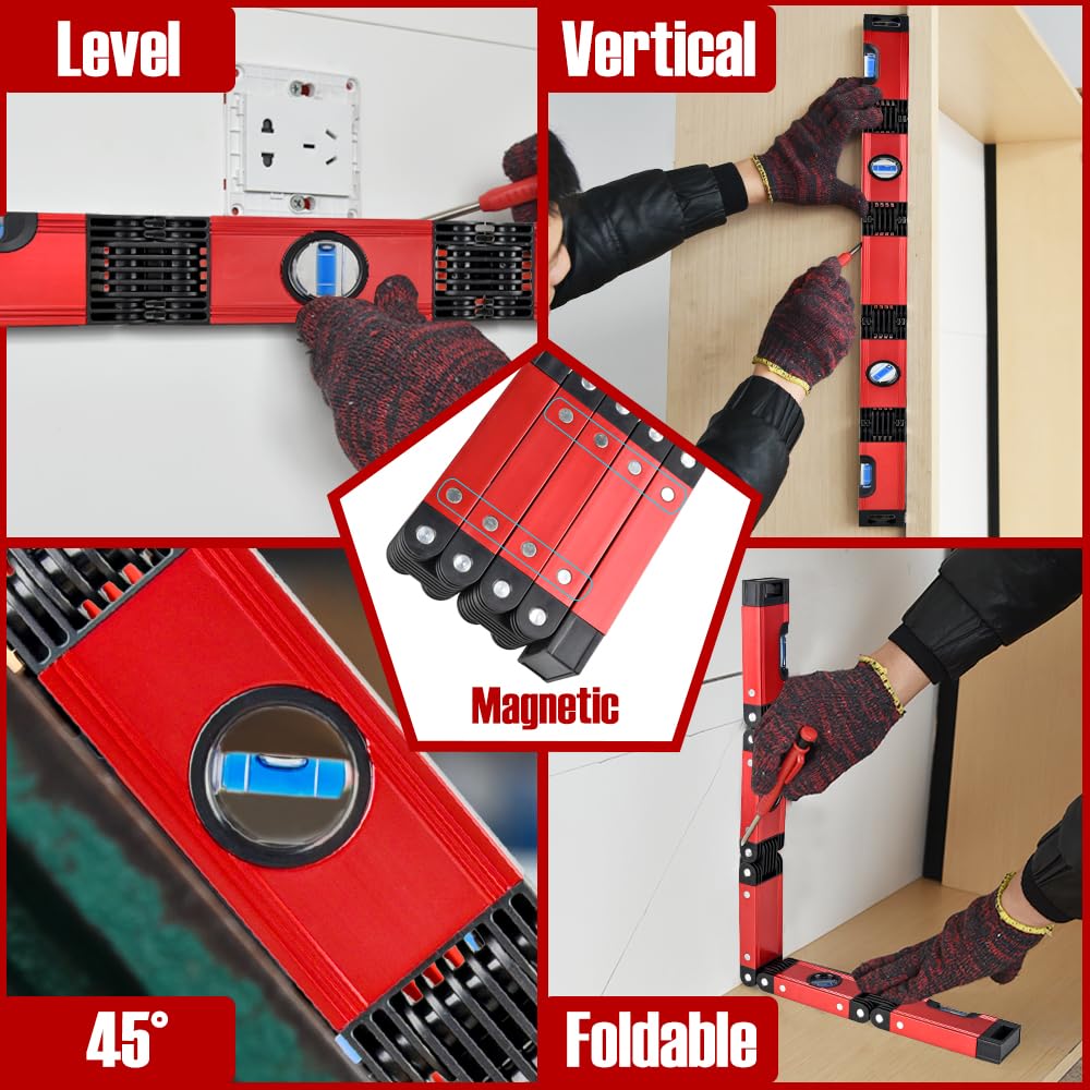 Herramienta de nivel plegable multifunción, 28 pulgadas, multiángulo, plegable, medición precisa, nivel de aleación de aluminio, herramientas de carpintería con 4 burbujas de nivel para
