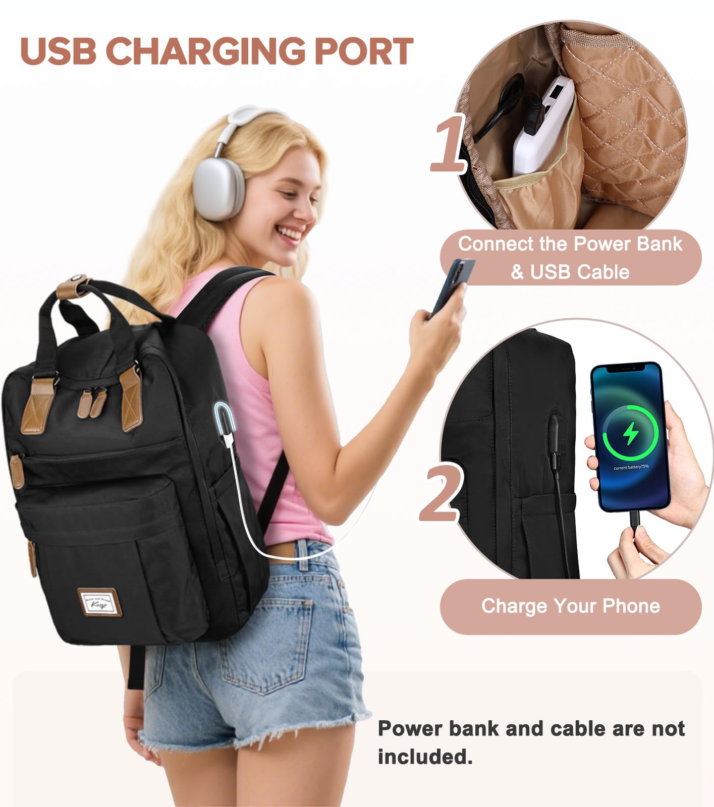 Kasqo Zaino per uomo e donna con porta di ricarica USB Nero KA3330BA