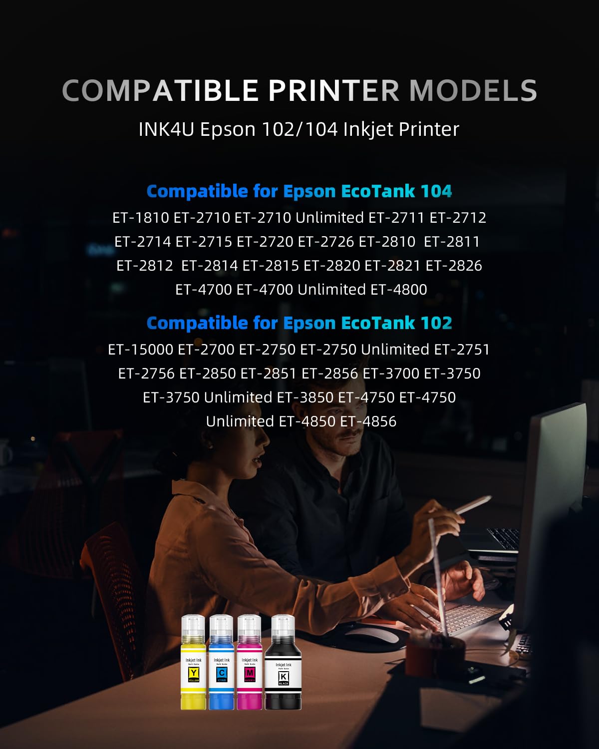 INK4U 102 104 Inchiostro Compatibile con Epson 102 o 104 Cartucce d'inchiostro, per EcoTank Stampanti ET-2810 ET-2815 ET-2820 ET-2821 ET-2830 ET-2840 ET-2850 ET-3850 ET-4850 ET-1810 ET-15000