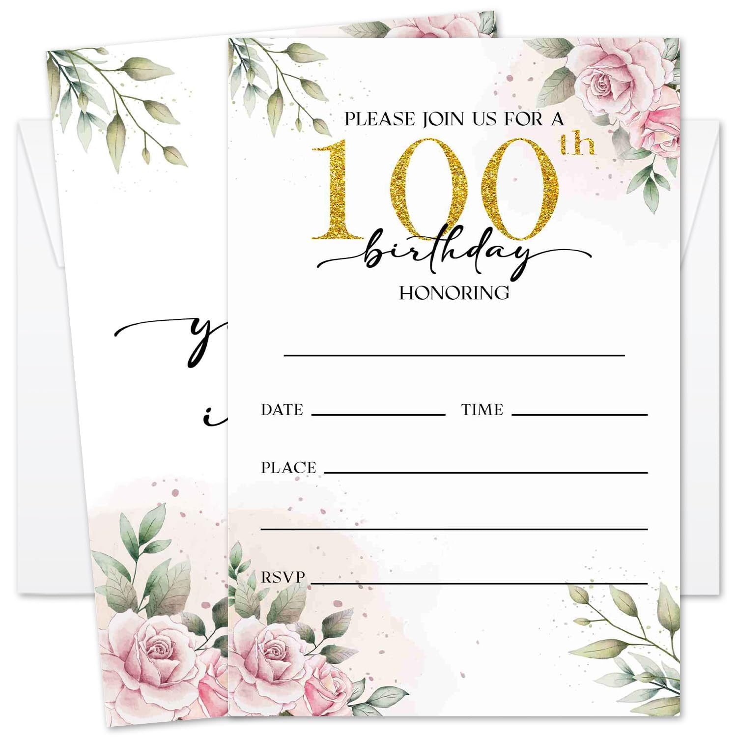 GOODBANER 100th Rose Birthday Invitation for Women, Birthday Invitation With Envelopes, 100 Years Old Birth Invites for Adult, 20 Pcs Birth Invite