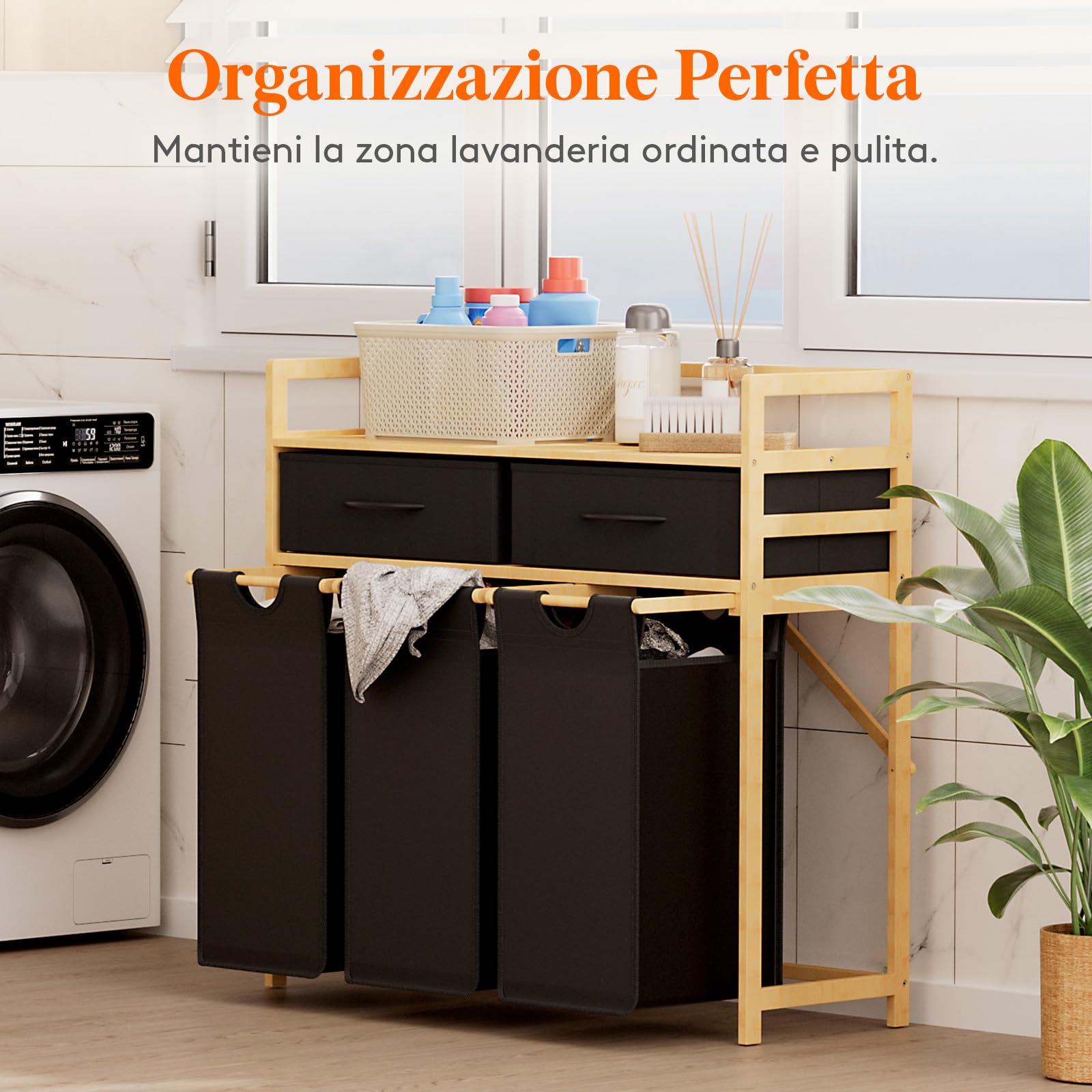 Lifewit Grande Cesto Portabiancheria 3 Scomparti 150 L, Cesta Portabiancheria Con 2 Cassetti e 3 Sacco Removibili, Cesta Panni Sporchi per Lavanderia, Bagno, Nero