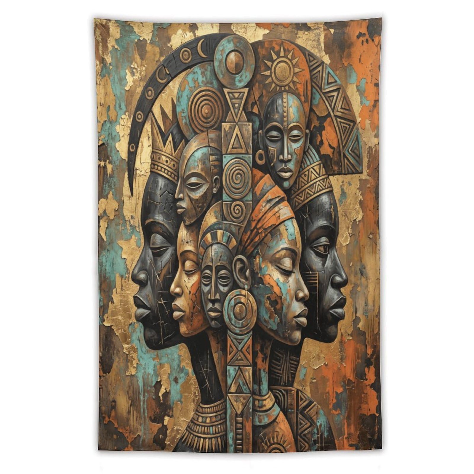 Geometric African Faces Wall Tapestry, Cubist Art, Mask Composition