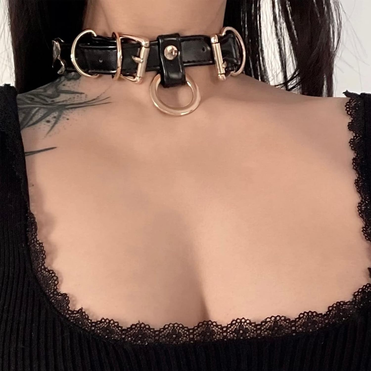 Handmade Punk Gold O-Ring Leather Choker Necklaces With Metal Leash