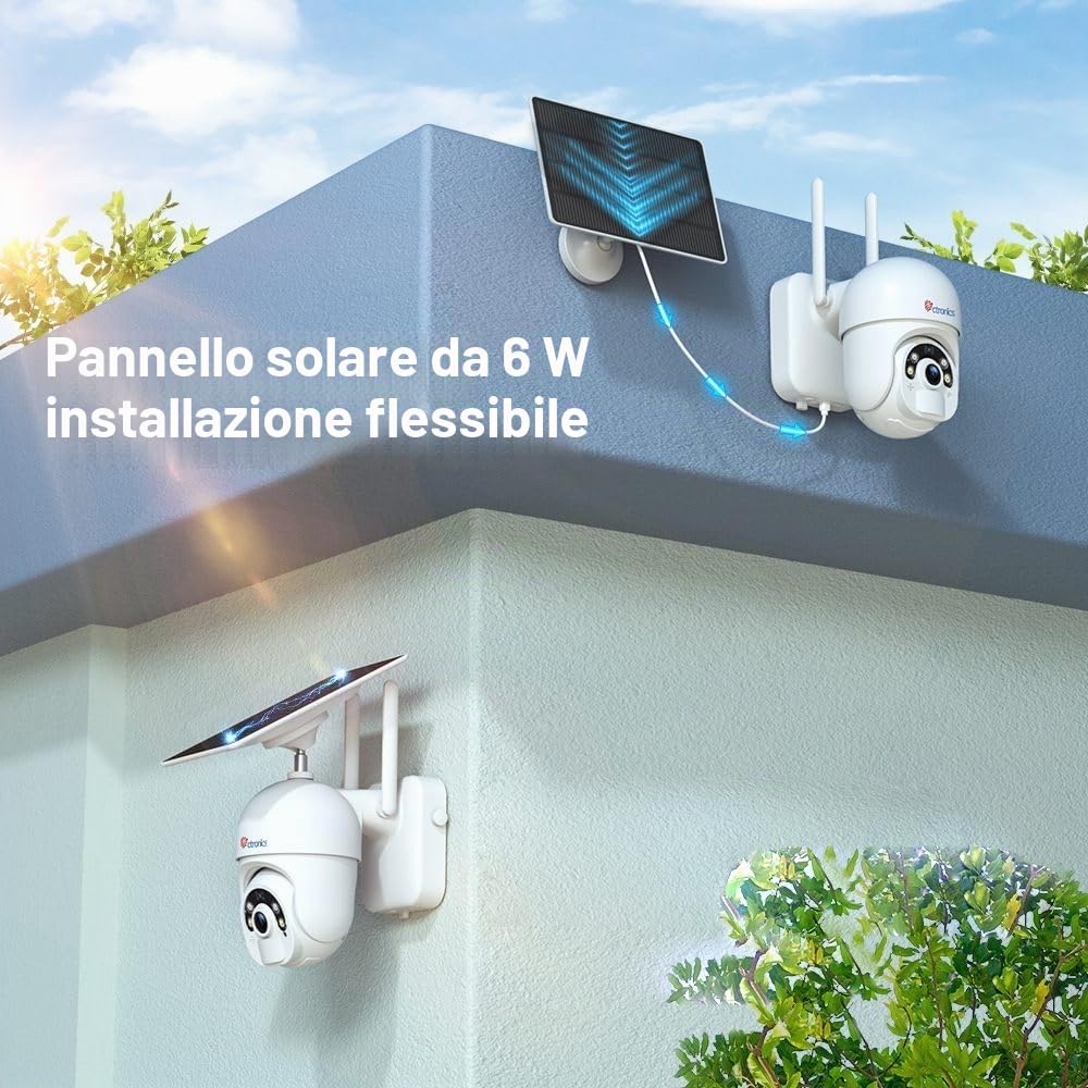 Ctronics 6W Pannello Solare Telecamera Esterno WiFi 2K 3MP, Visione Notturna Colore 30m & Spotlight, PC/APP, FTP/Cloud/128GB, Rilevamento PIR, Audio Bidirezionale, IP66 | Visione Notturna Colore 25m & Spotlight, PC/APP, FTP/Cloud/128GB, PTZ IP WiFi a Batt