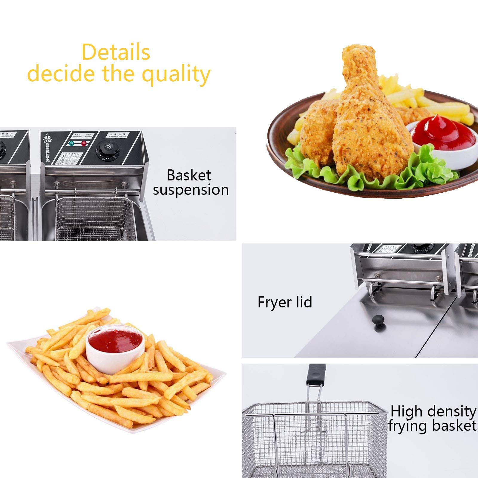Freidora Comercial de Doble Tanque, freidora eléctrica Profesional de 20L, freidora de 5000W con 2 cestas para freír y Tapa, para freír Alimentos